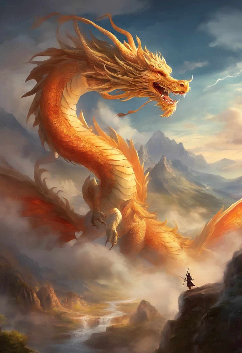 mythological creatures,((Chinese mythological dragon)),Traditional Chinese elements,Ancient murals,Illustrative myths,Fuyao Legend,Dappled light,Hazy haze,mystical aura,tmasterpiece,k hd,Rich in color,Detailed details,Seven colors