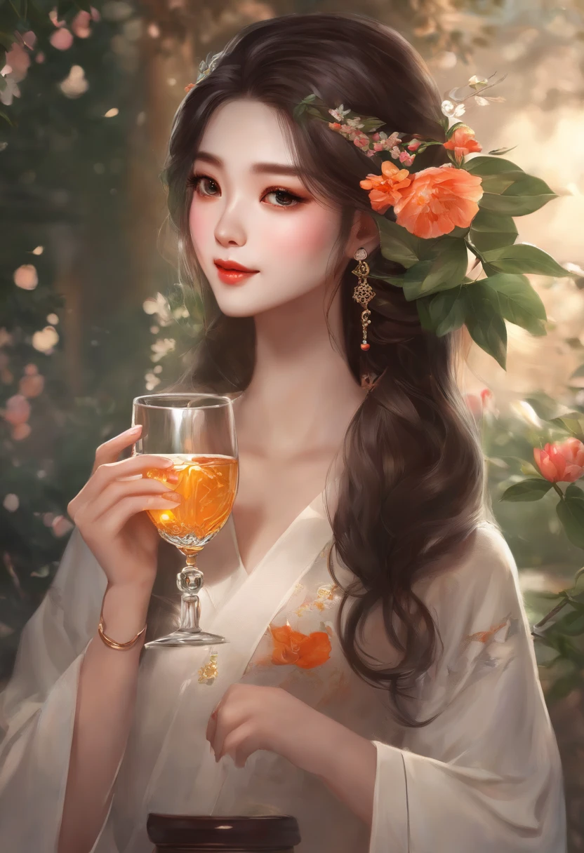 A close-up of a girl,Holding a drink and a flower in his hair, cute beautiful, Chinese girl, Very beautiful girl, beautiful lovely, girl cute-fine face, Realistic cute girl painting, with cute - fine - face, adorable digital art, Cute young girl, Cute girl, 8K)), Cute anime girl, Chinese style, sakimi chan