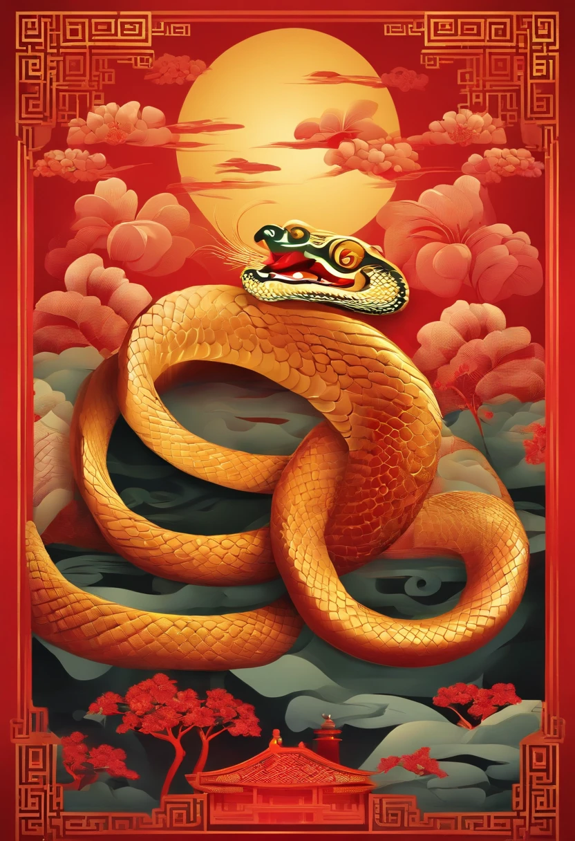 Chinese New Year，Year of the Snake，Big red，cartoony，Commercial posters，There are decorations around，delight