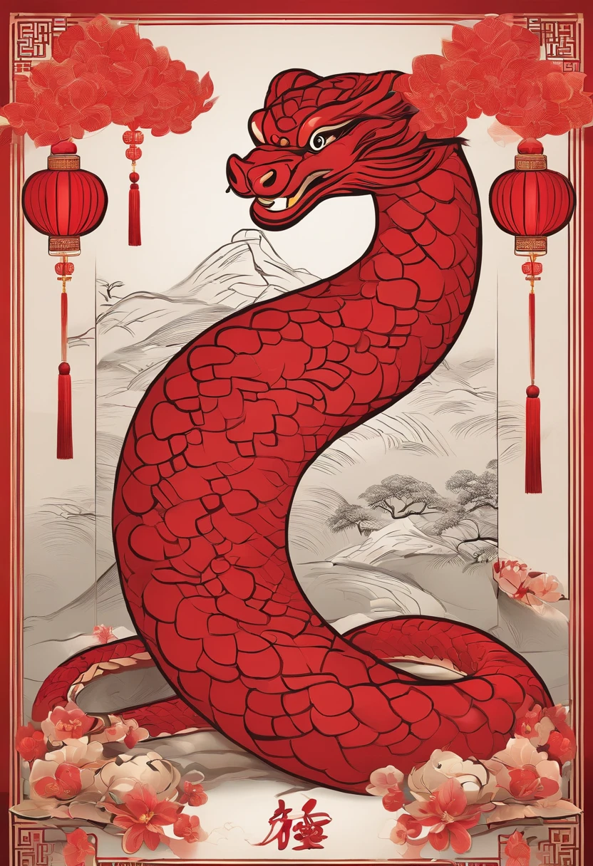Chinese New Year,Year of the Snake,Big red,cartoony,Commercial posters,There are decorations around,delight