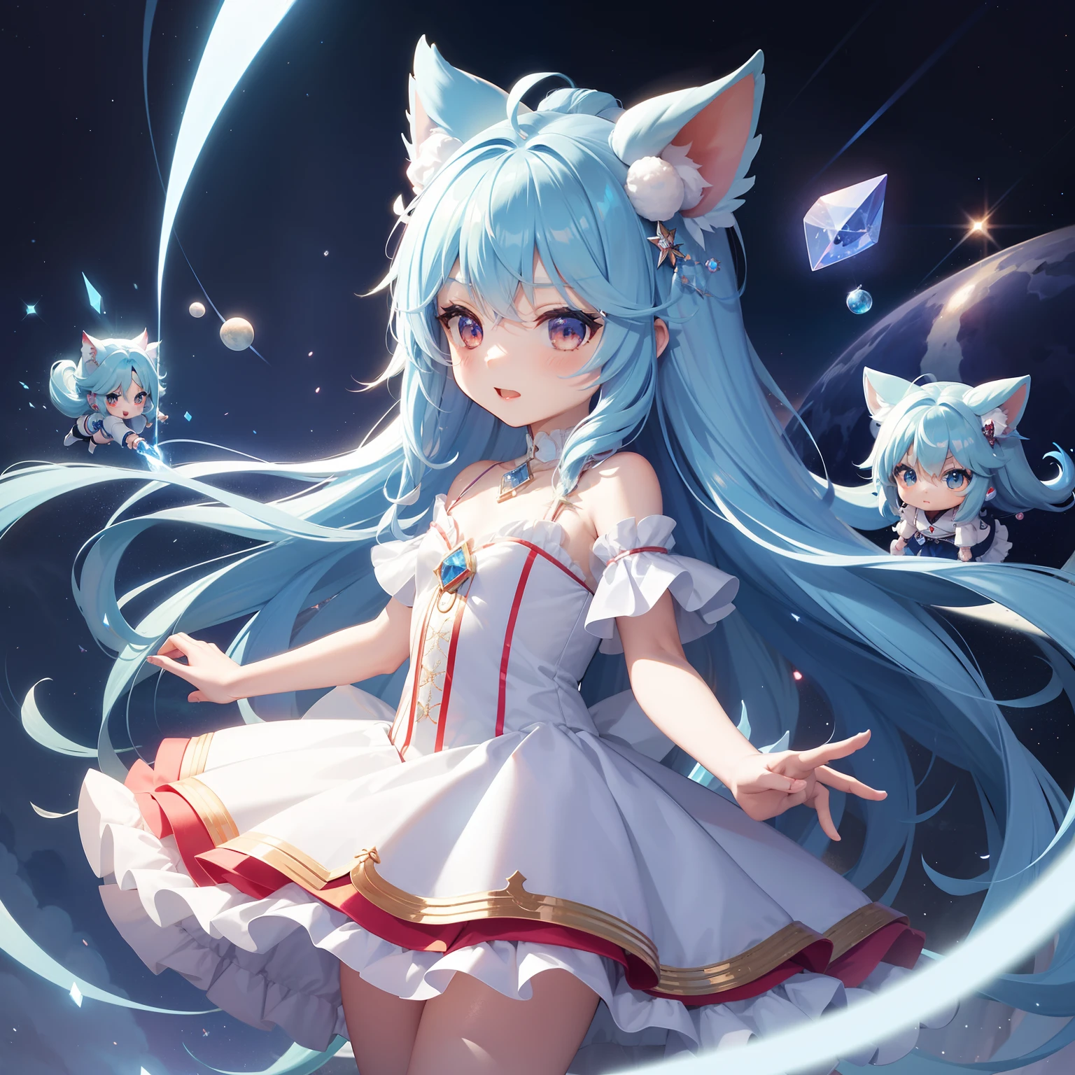 Chibichara、long hair with blue hair、Fluffy Dodge、girl with((Chibi Chara))、Engaging pose、Red and white costume、Fantasia、Luminous Crystal、Crystal jade、constellation、a moon、Fantastic background、masutepiece、A small chibi character is flying