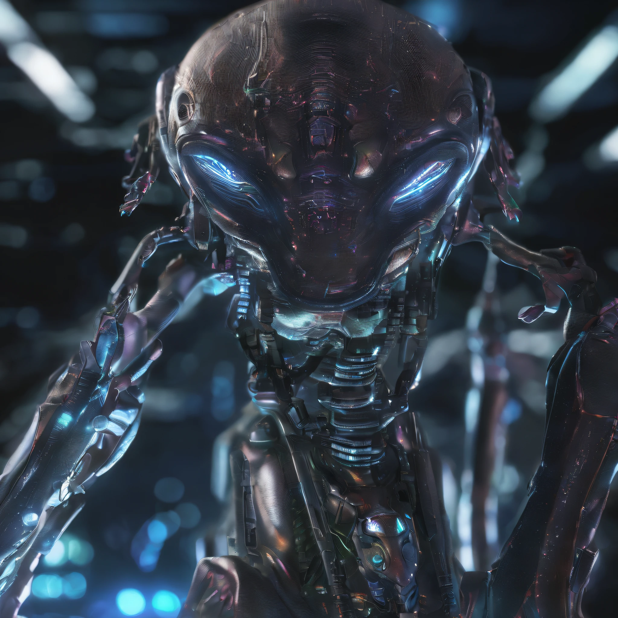 Translucent ethereal aliens,Humanoid,full body,A mech coated with a ceramic glazed luster,Hard surface properties,streamlined line design,It has refined features in a sci-fi environment, glowing from within, Sparks and lights, best qualtiy,tmasterpiece,Photorealsitic, Highly detailed, iintricate,unreal 5 render,