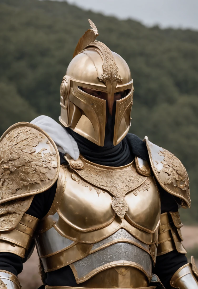 A photorealistic depiction of a (male) formidable warrior adorned in a gleaming suit of white and gold metal armor that exudes strength and opulence. The armor is immaculately polished, with a glossy finish that reflects the surroundings in remarkable detail. Every crease and contour of the armor is visible, showcasing the craftsmanship that went into its creation. The warrior stands with an air of confidence, ready for battle. The camera lens is a 135mm+, capturing the extraordinary level of detail in stunning 64K UHD resolution. The lighting is expertly controlled to emphasize the reflective qualities of the armor, creating a mesmerizing and lifelike image, (((masterpiece))), (high res), (photo realistic:1.4), (cinematic)