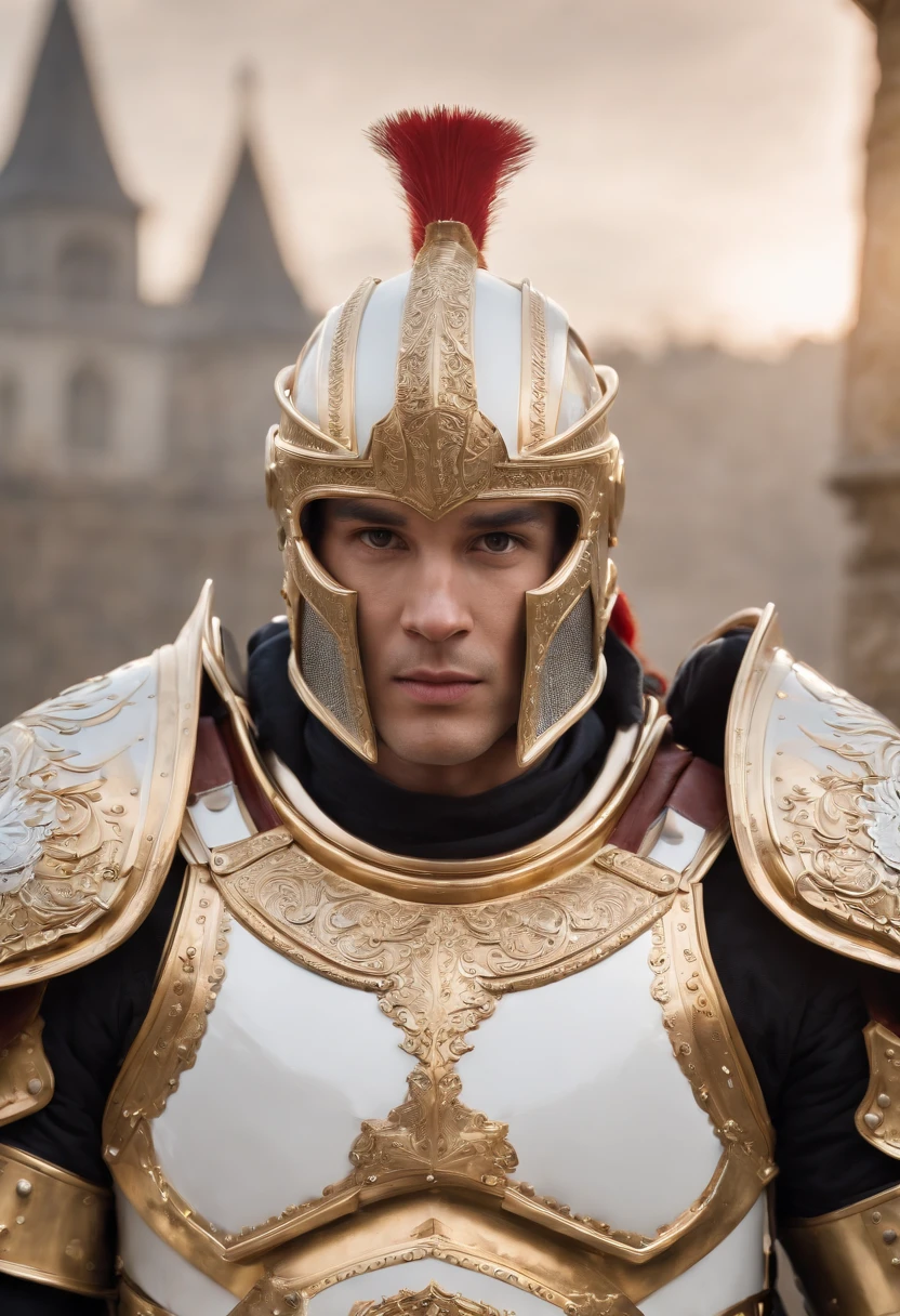 A photorealistic depiction of a (male) formidable warrior adorned in a gleaming suit of white and gold metal armor that exudes strength and opulence. The armor is immaculately polished, with a glossy finish that reflects the surroundings in remarkable detail. Every crease and contour of the armor is visible, showcasing the craftsmanship that went into its creation. The warrior stands with an air of confidence, ready for battle. The camera lens is a 135mm+, capturing the extraordinary level of detail in stunning 64K UHD resolution. The lighting is expertly controlled to emphasize the reflective qualities of the armor, creating a mesmerizing and lifelike image, (((masterpiece))), (high res), (photo realistic:1.4), (cinematic)