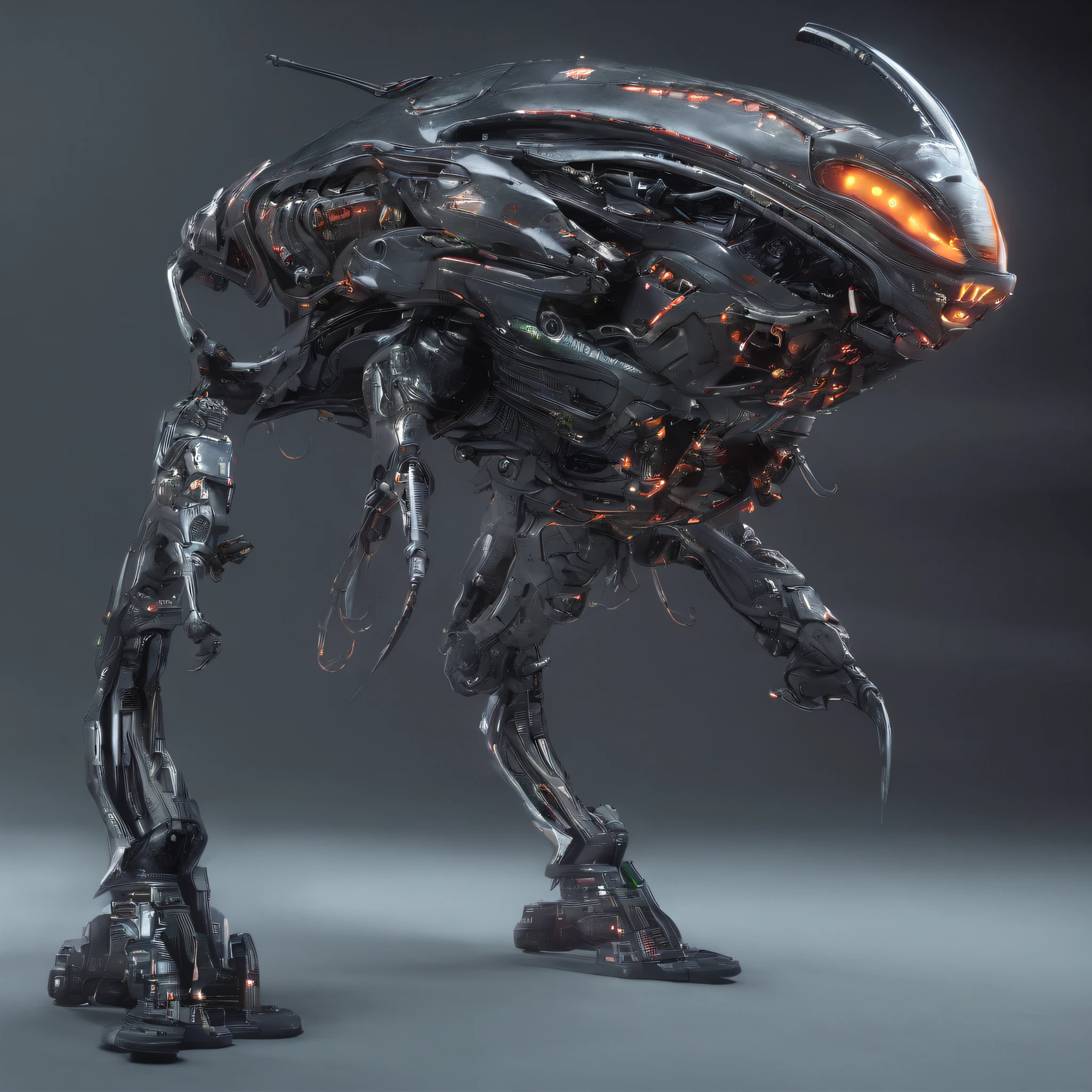 An alien,Humanoid,A mech coated with a ceramic glazed luster,Hard surface properties,streamlined line design,It has refined features in a sci-fi environment, glowing from within, Sparks and lights, best qualtiy,tmasterpiece,Photorealsitic, Highly detailed, iintricate,unreal 5 render,
