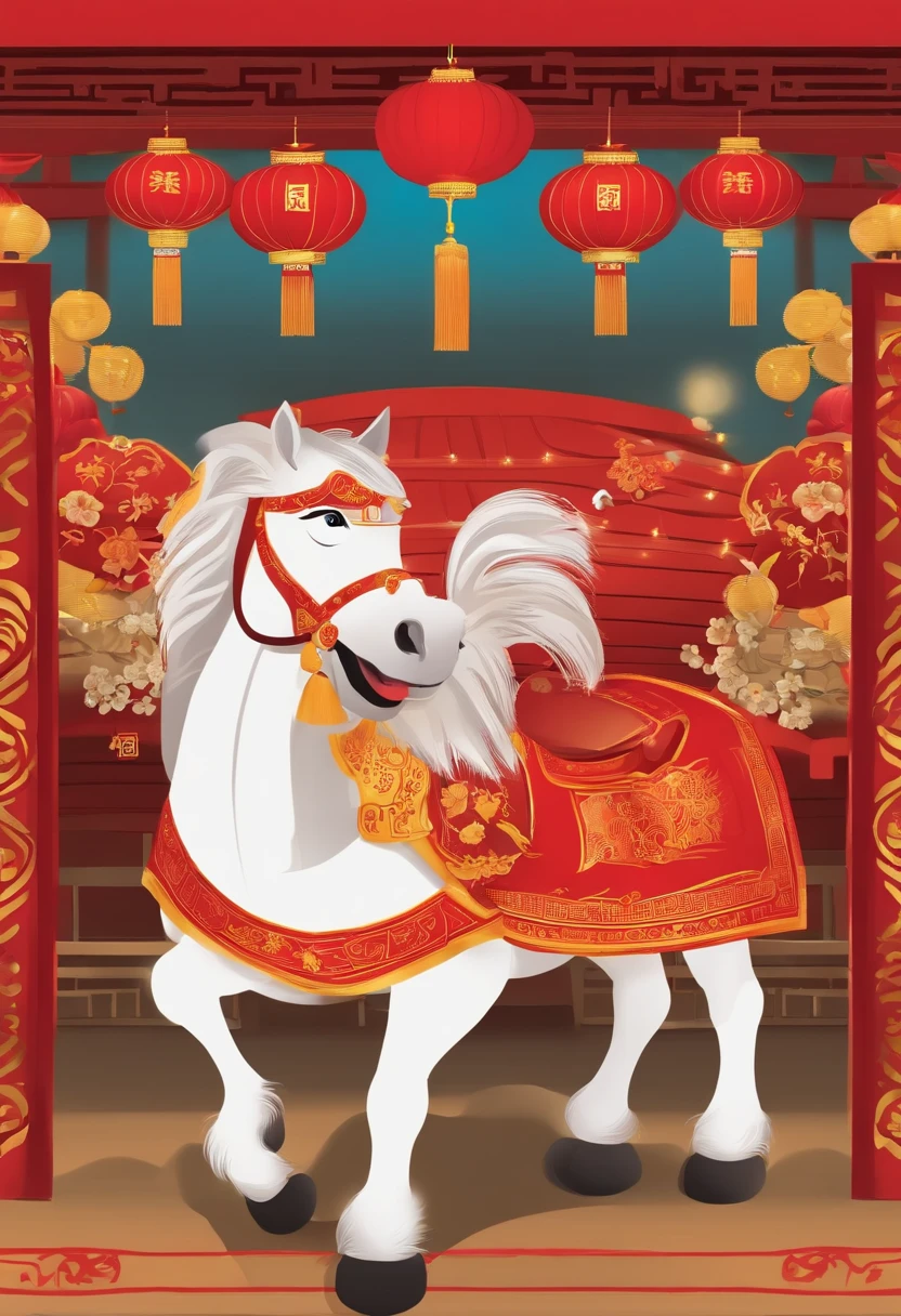 Chinese New Year，The Year of the Horse is prosperous，Big red，cartoony，Commercial posters，There are decorations around，delight