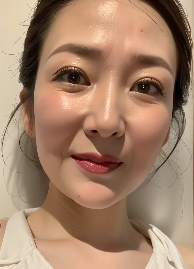 masterpiece,best quality, (milf:1), accurate anatomy, ((extreme close up:1.5)), ((Looking at the Viewer, open mouth:0.75)), ((your chin up:1.3)), cross arms, wet white shirt, ((seductive expression)), friendly, in room