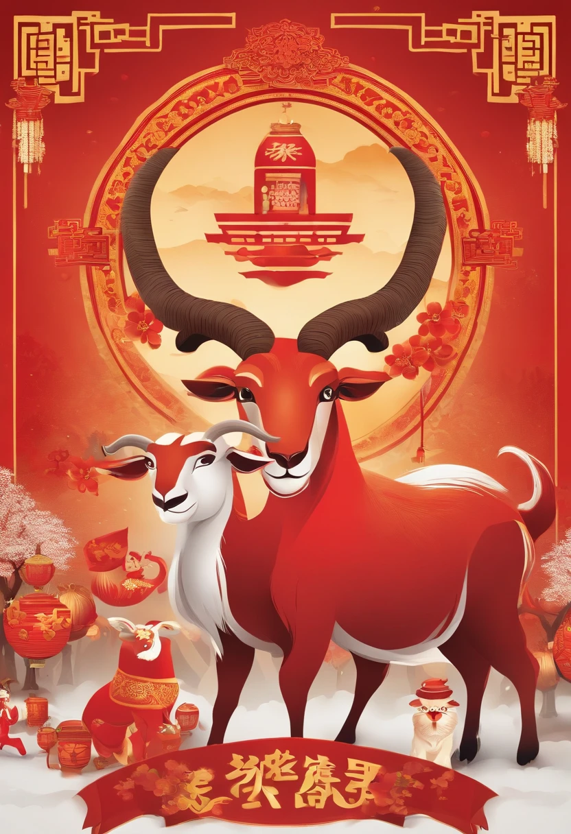 Chinese New Year,The Year of the Goat,Big red,cartoony,Commercial posters,There are decorations around,delight