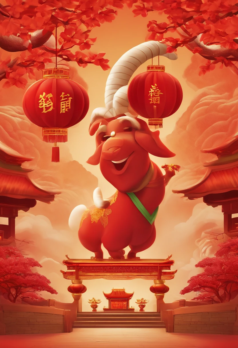 Chinese New Year,The Year of the Goat,Big red,cartoony,Commercial posters,There are decorations around,delight