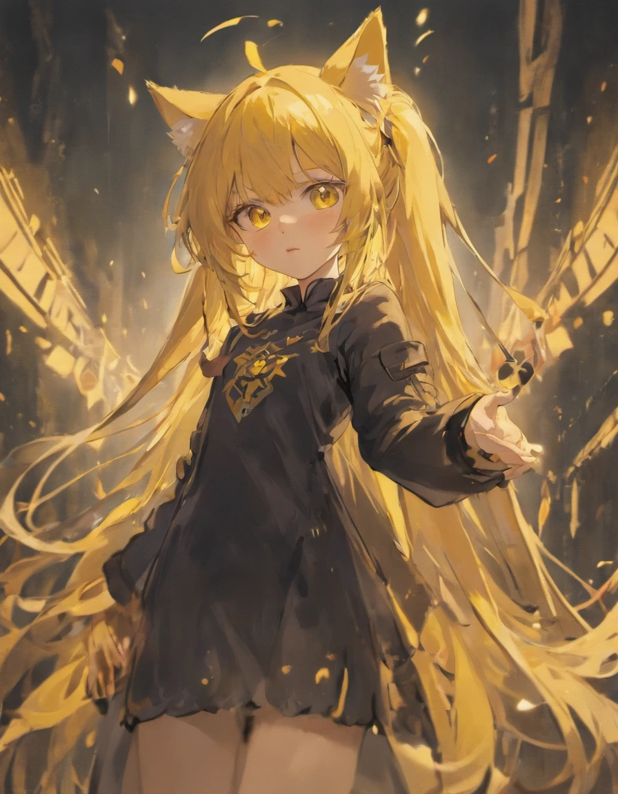 anime girl, wolf girl, yellow eyes, long hair, black hair, master piece, high quality, final fantasy clothing, gothic setting, slender body, wolf ear, roupas longas