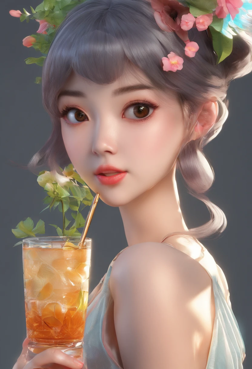 A close-up of a girl,Holding a drink and a flower in his hair, cute beautiful, Chinese girl, Very beautiful girl, beautiful lovely, girl cute-fine face, Realistic cute girl painting, with cute - fine - face, adorable digital art, Cute young girl, Cute girl, 8K)), Cute anime girl, Chinese style, sakimi chan