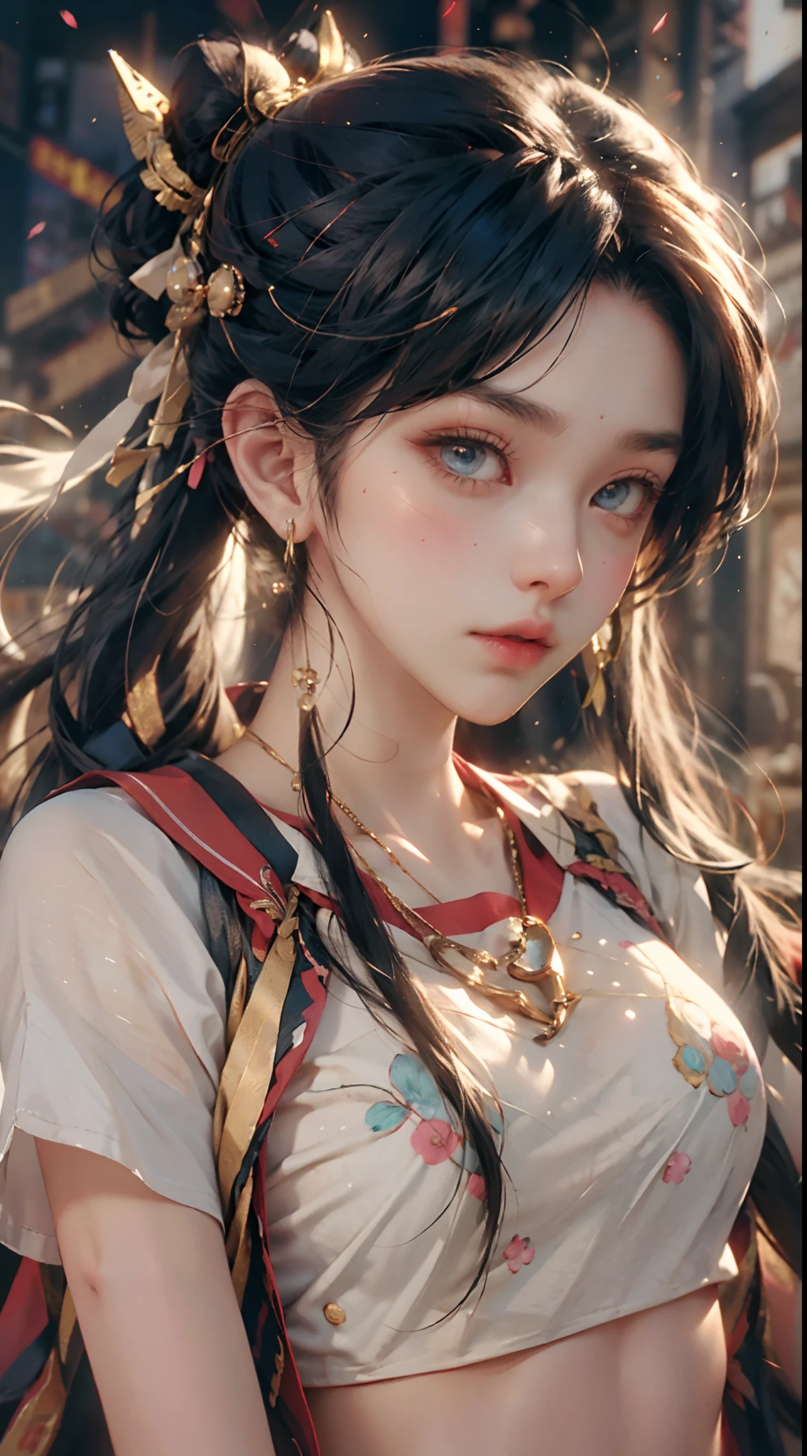 tmasterpiece，top Quority，（realisticlying，realisticlying：1.4），（RAW photos：1.2），Very delicate CG Unity 8K wallpaper，very delicate beautiful，Wonderful，Boxing pose，The attention to detail，offcial art，absurderes，Incredibly Ridiculous res，hugefilesize，Very fine，very refined，Beautiful eyes and face，Beautiful exquisite eyes，light in face，one-girl，pony tails，（pompons）nabel，A half body，PE uniform short sleeve crop top T-shirt，  Bare arms， By bangs，