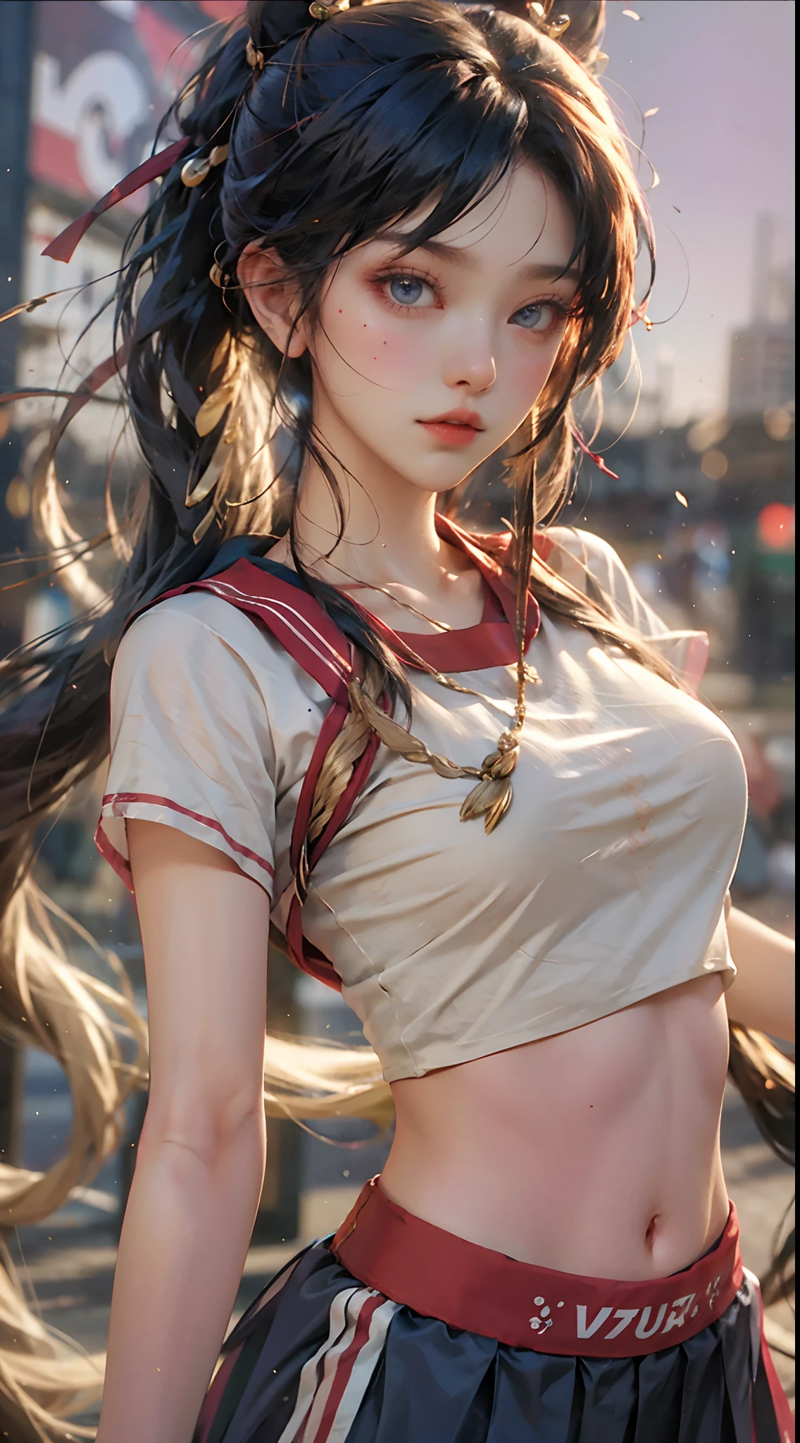 tmasterpiece,top Quority,(realisticlying,realisticlying:1.4),(RAW photos:1.2),Very delicate CG Unity 8K wallpaper,very delicate beautiful,Wonderful,Boxing pose,The attention to detail,offcial art,absurderes,Incredibly Ridiculous res,hugefilesize,Very fine,very refined,Beautiful eyes and face,Beautiful exquisite eyes,light in face,one-girl,pony tails,(pompons)nabel,A half body,PE uniform short sleeve crop top T-shirt, Bare arms, By bangs,