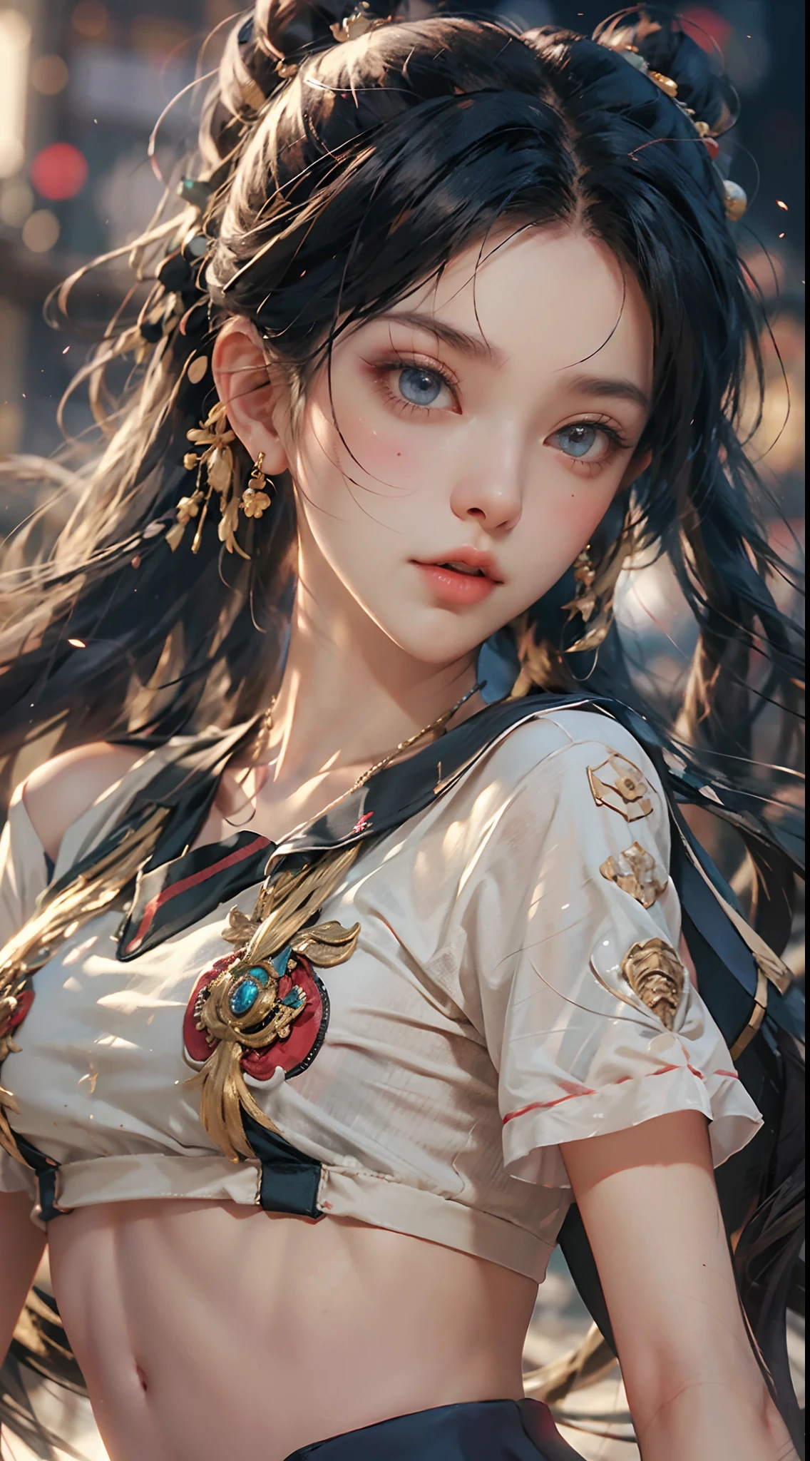 tmasterpiece，top Quority，（realisticlying，realisticlying：1.4），（RAW photos：1.2），Very delicate CG Unity 8K wallpaper，very delicate beautiful，Wonderful，Boxing pose，The attention to detail，offcial art，absurderes，Incredibly Ridiculous res，hugefilesize，Very fine，very refined，Beautiful eyes and face，Beautiful exquisite eyes，light in face，one-girl，pony tails，（pompons）nabel，A half body，PE uniform short sleeve crop top T-shirt，  Bare arms， By bangs，