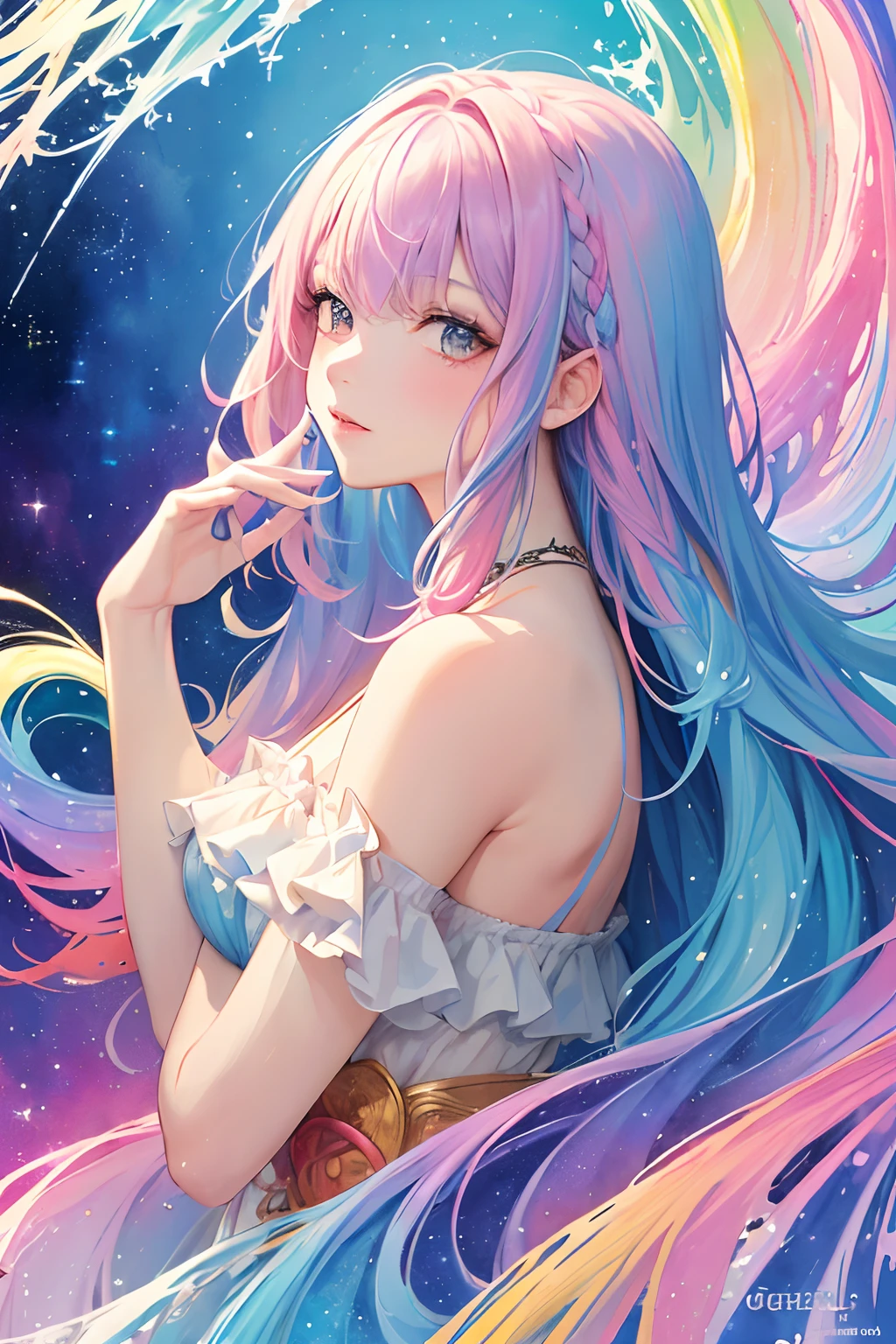 (masterpiece, top quality, best quality,watercolor (medium),official art, beautiful and aesthetic:1.2),(1girl:1.3), (fractal art:1.3),upper body, from side, looking at viewer,patterns,(rainbow color Hair,colorful hair,half blue and half pink hair:1.2),water,liquid, cloud,colorful, starry,stars,