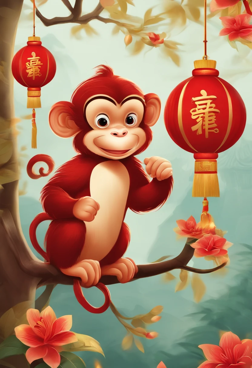 Chinese New Year,Year of the Monkey,Big red,cartoony,Commercial posters,There are decorations around,delight