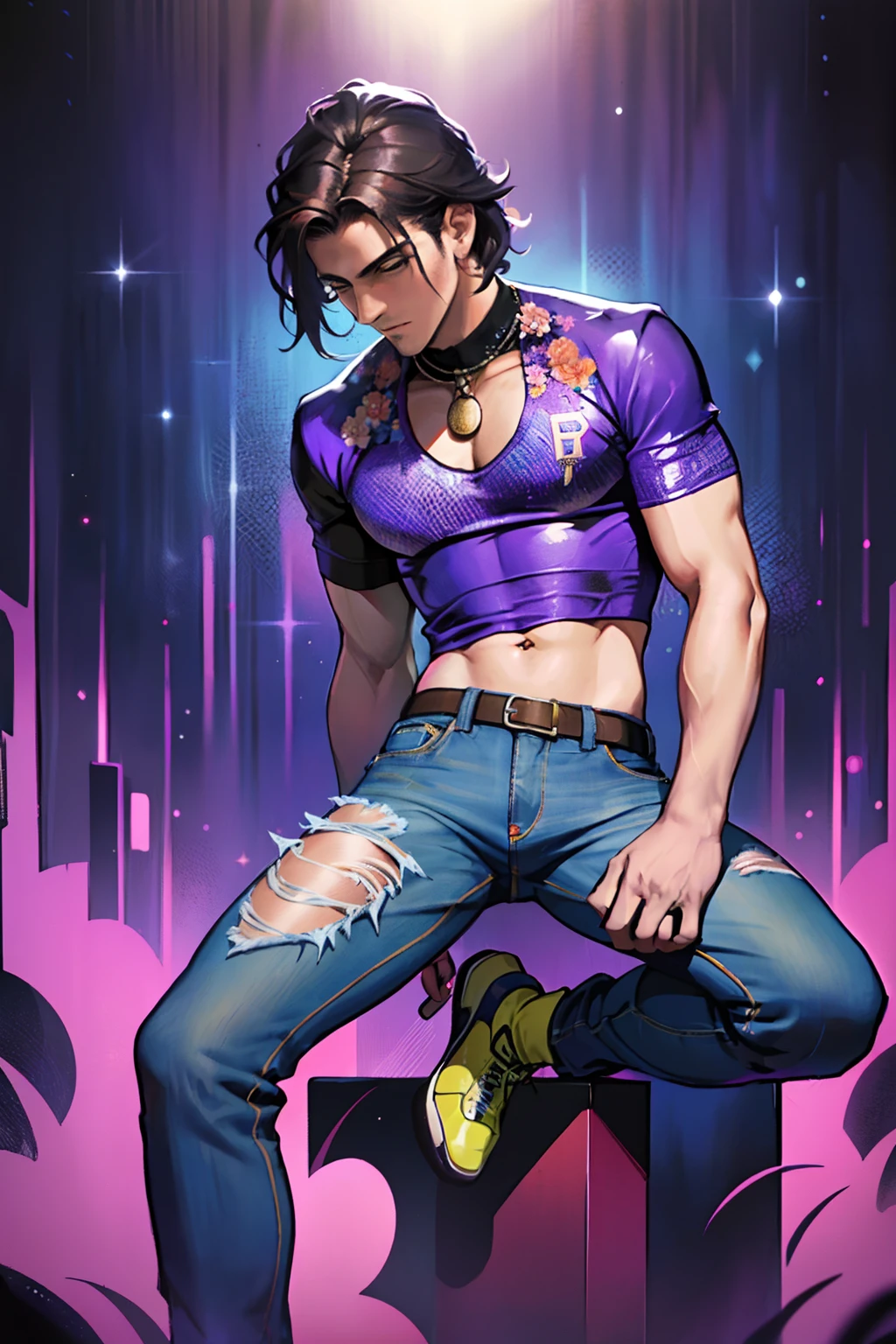 Um homem com longos cabelos ruivo, em 1970, corpo atletico, wearing purple psychedelic outfits and jeans posing in a dark disco and brightly styled confessions on a Madonna dance flower