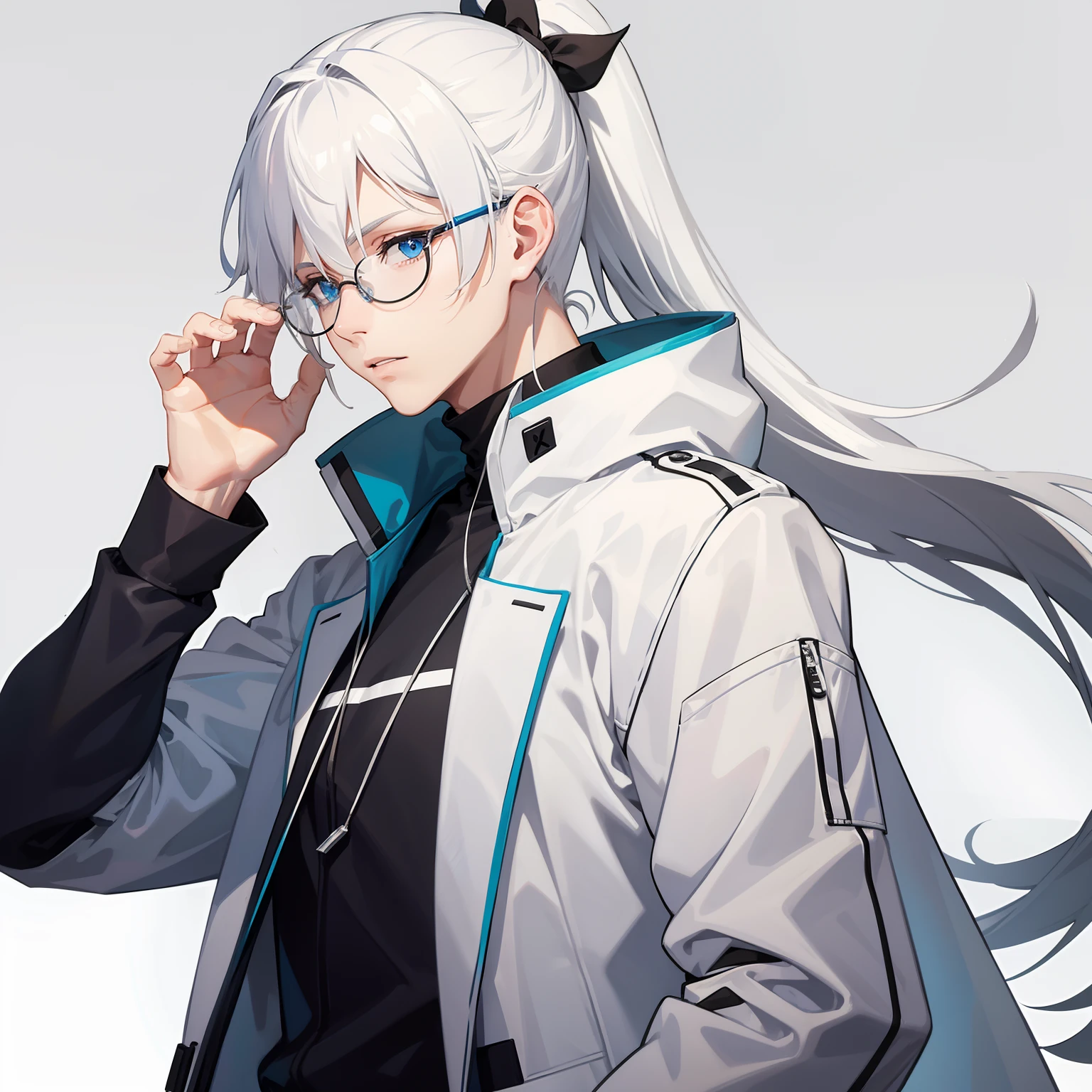 Male, white hair, man, blue eyes, coat, t-shirt, long hair, ponytail hair, glasses, (solo)