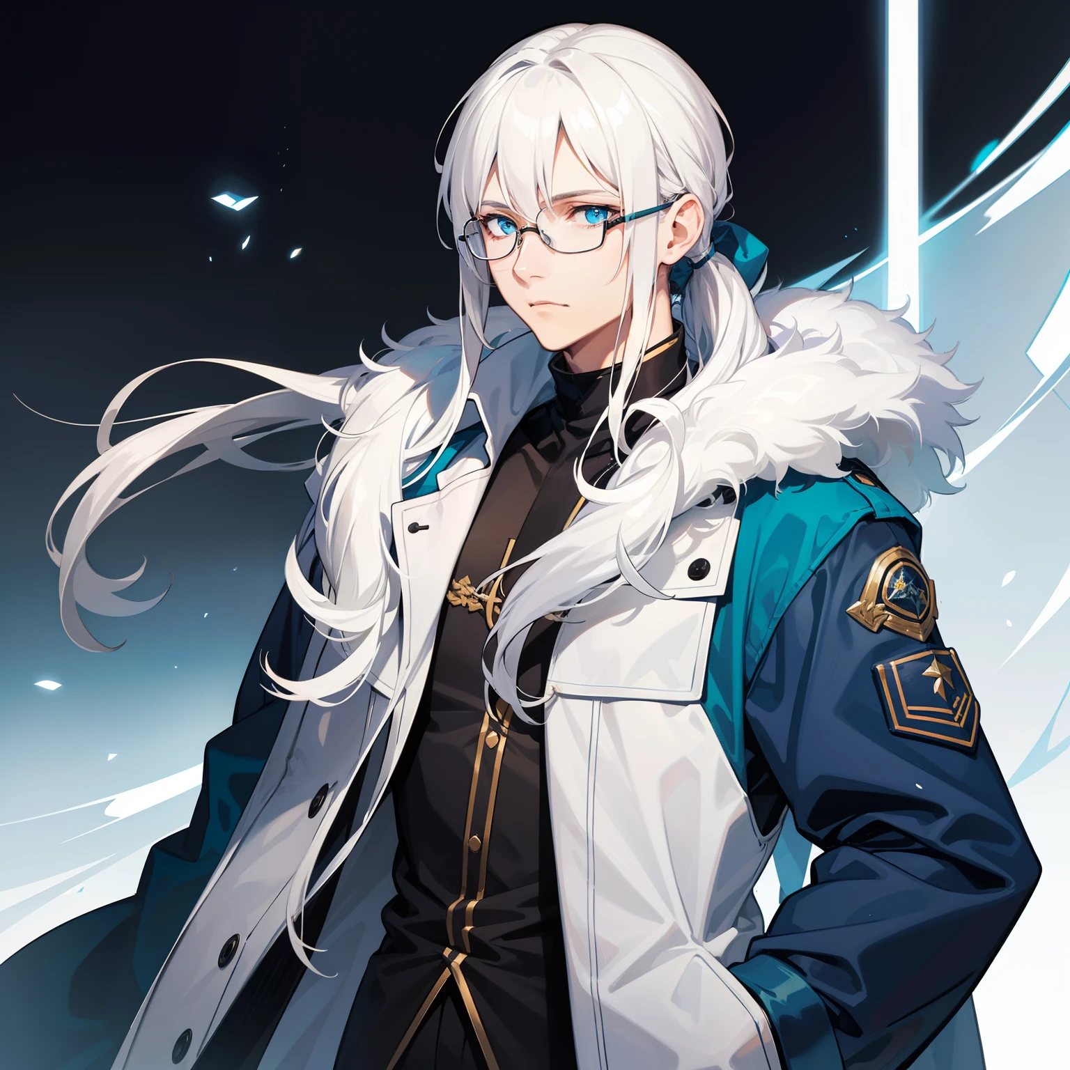 Male, white hair, man, blue eyes, coat, t-shirt, long hair, ponytail hair, glasses, (solo)