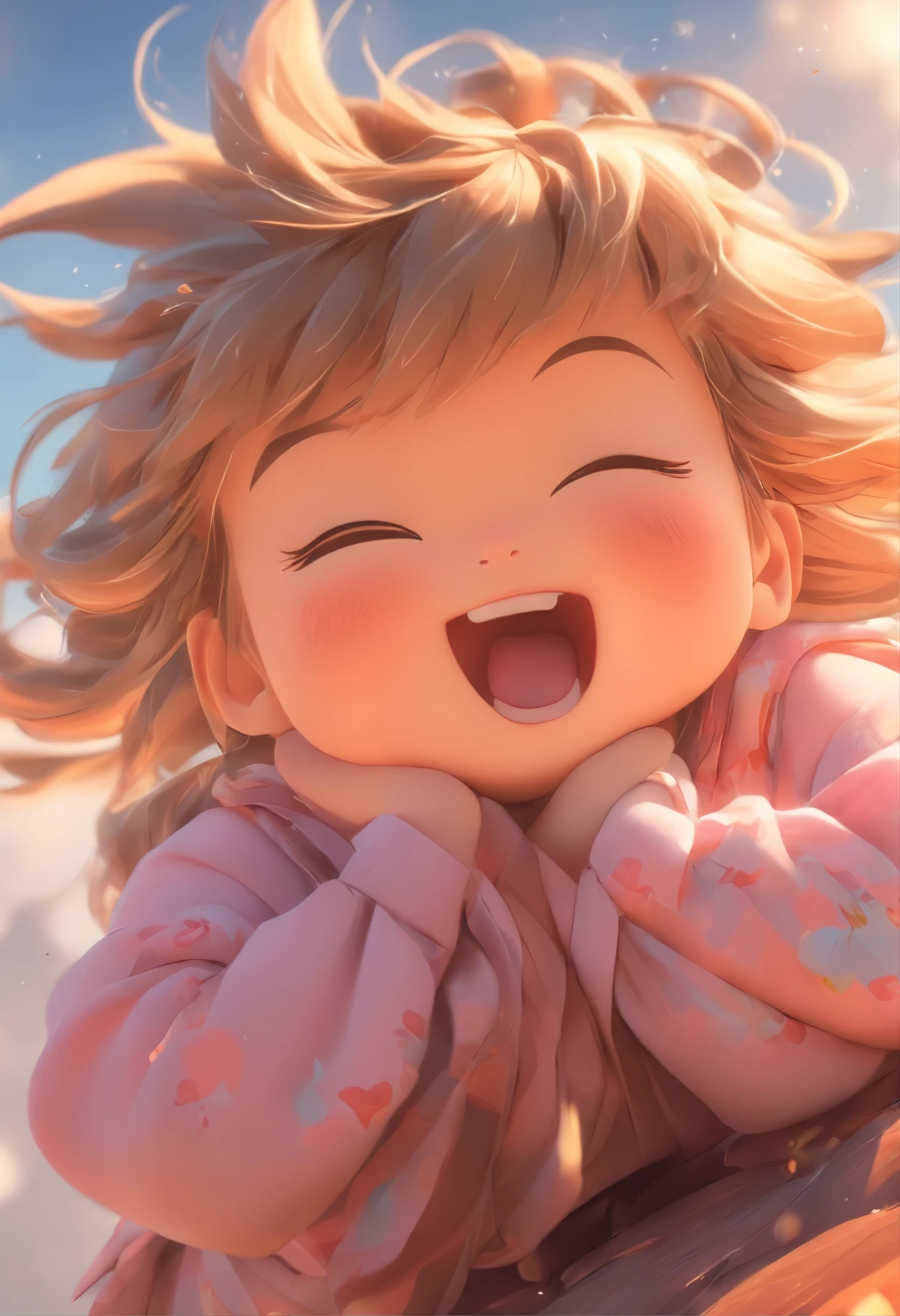 China-style,Look down from the sky,Pastoral baby girl,Cute and cute,Chubby toot,Sit on the roof and blow the wind,ventania,messy shortt hair,Pink flecked pajamas,Cartoon card issuance,Full body like,Detailed and accurate,depth of fields,8K,A high resolution,tmasterpiece,Beautiful wallpapers,high qulity,high detal,s the perfect face,offcial art,blur backgroun, --Niji 5 --Q 2