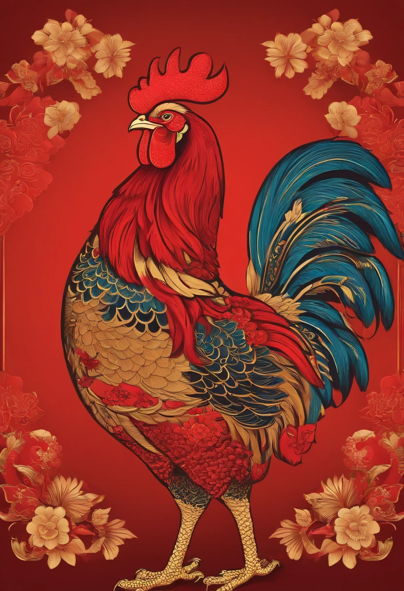 Chinese New Year,The Year of the Rooster,Big red,cartoony,Commercial posters,There are decorations around,delight