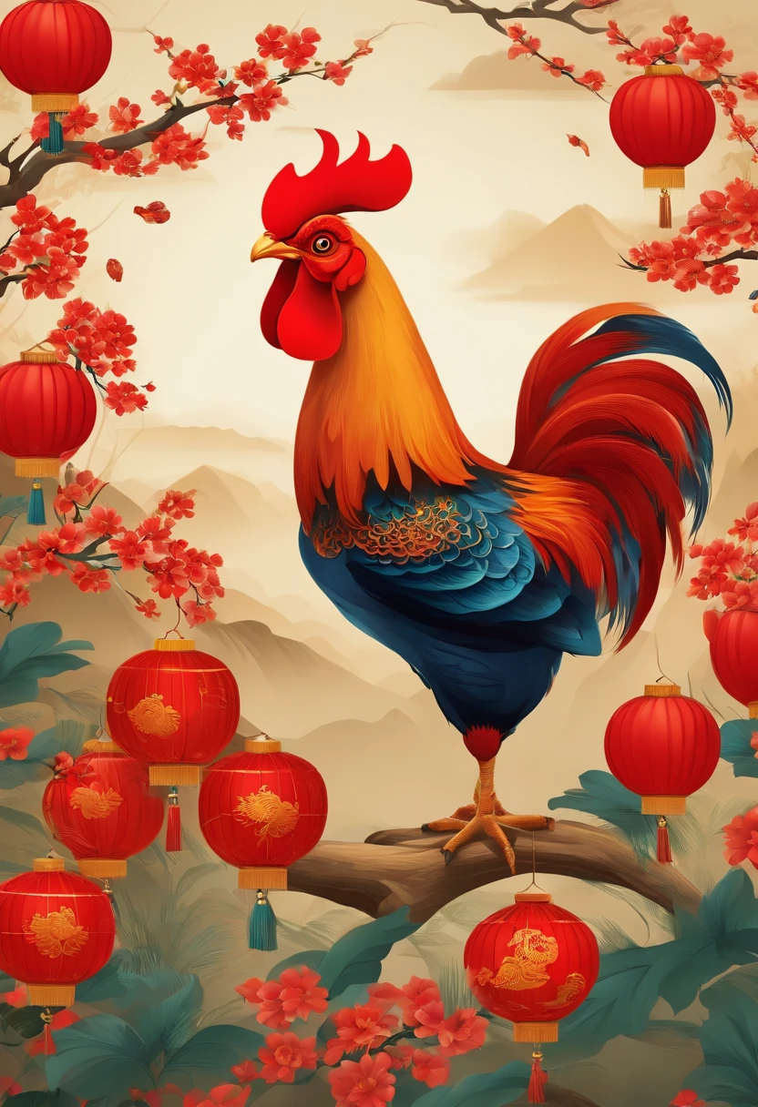 Chinese New Year，The Year of the Rooster，Big red，cartoony，Commercial posters，There are decorations around，delight