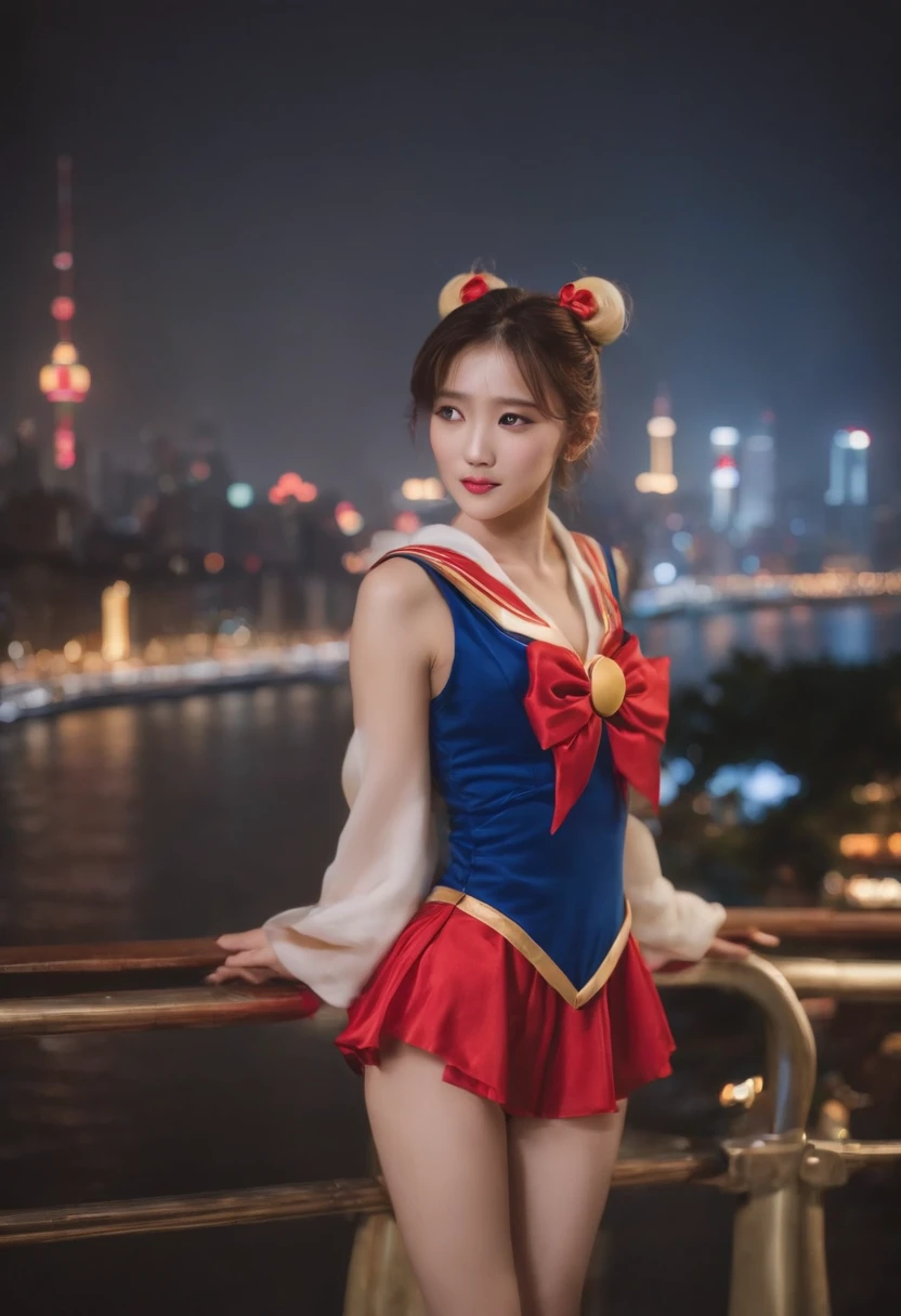 Sailor Moon Sailor Month,Very fine details,Very vivid expression,In the night Shanghai city,Standing under the Bund podium,There were many onlookers around,The picture is rich in detail,The Bund is beautifully lit at night,Very many clouds in the sky,4k画质,Cinematic graphics,21mm lens,Large wide-angle lens,Lens bokeh effect。