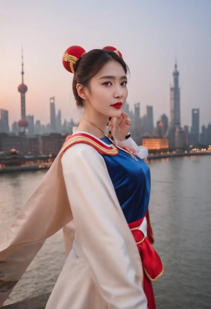 Sailor Moon Sailor Month,Very fine details,Very vivid expression,In the night Shanghai city,Standing under the Bund podium,There were many onlookers around,The picture is rich in detail,The Bund is beautifully lit at night,Very many clouds in the sky,4k画质,Cinematic graphics,21mm lens,Large wide-angle lens,Lens bokeh effect。
