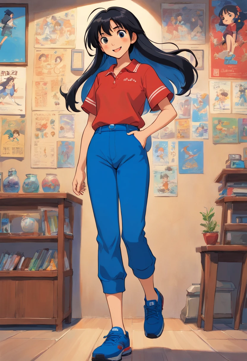 girl latina, black long hair, 18 years, blues eyes, style pixar, multiples expression and poses, character sheet, in blue pants, black shoes, red sports shirt, character dynamic, pose, full body,laughing face, character design sheet