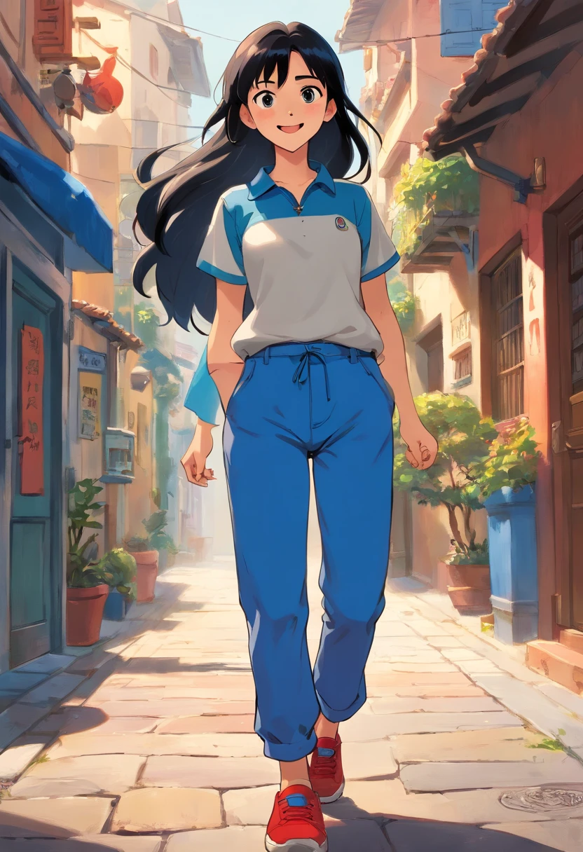 girl latina, black long hair, 18 years, blues eyes, style pixar, multiples expression and poses, character sheet, in blue pants, black shoes, red sports shirt, character  dynamic, pose, full body,laughing face, character design sheet