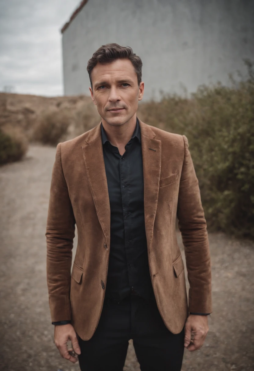Cinematic photo, wide angle, of a handsom man, 40 years old, shaven , short curly brown hair. dark brown tight velvet suit, with black flower patterns. Minimalistic background, clean composition, strong details, Muted Colours, Hasselblad --style raw