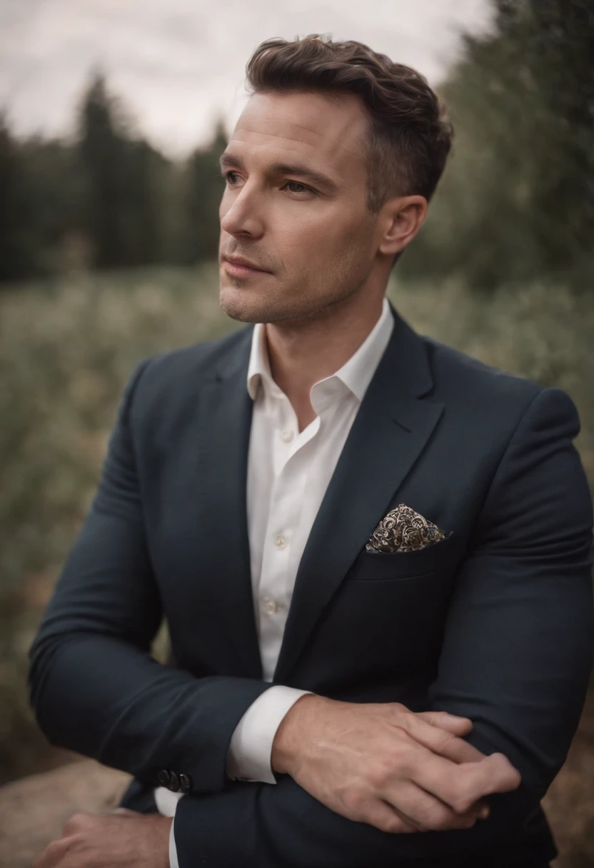 Cinematic photo, wide angle, of a handsom man, 40 years old, shaven , short curly brown hair. dark brown tight velvet suit, with black flower patterns. Minimalistic background, clean composition, strong details, Muted Colours, Hasselblad --style raw