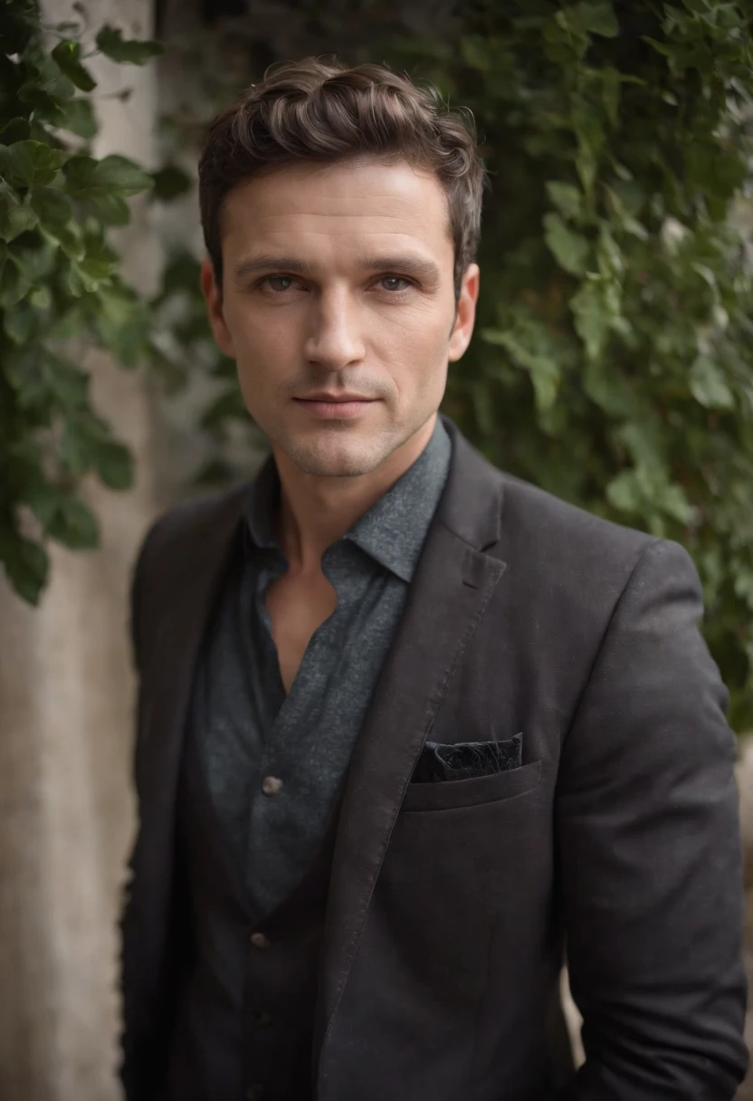 Cinematic photo, wide angle, of a handsom man, 40 years old, shaven , short curly brown hair. dark brown tight velvet suit, with black flower patterns. Minimalistic background, clean composition, strong details, Muted Colours, Hasselblad --style raw