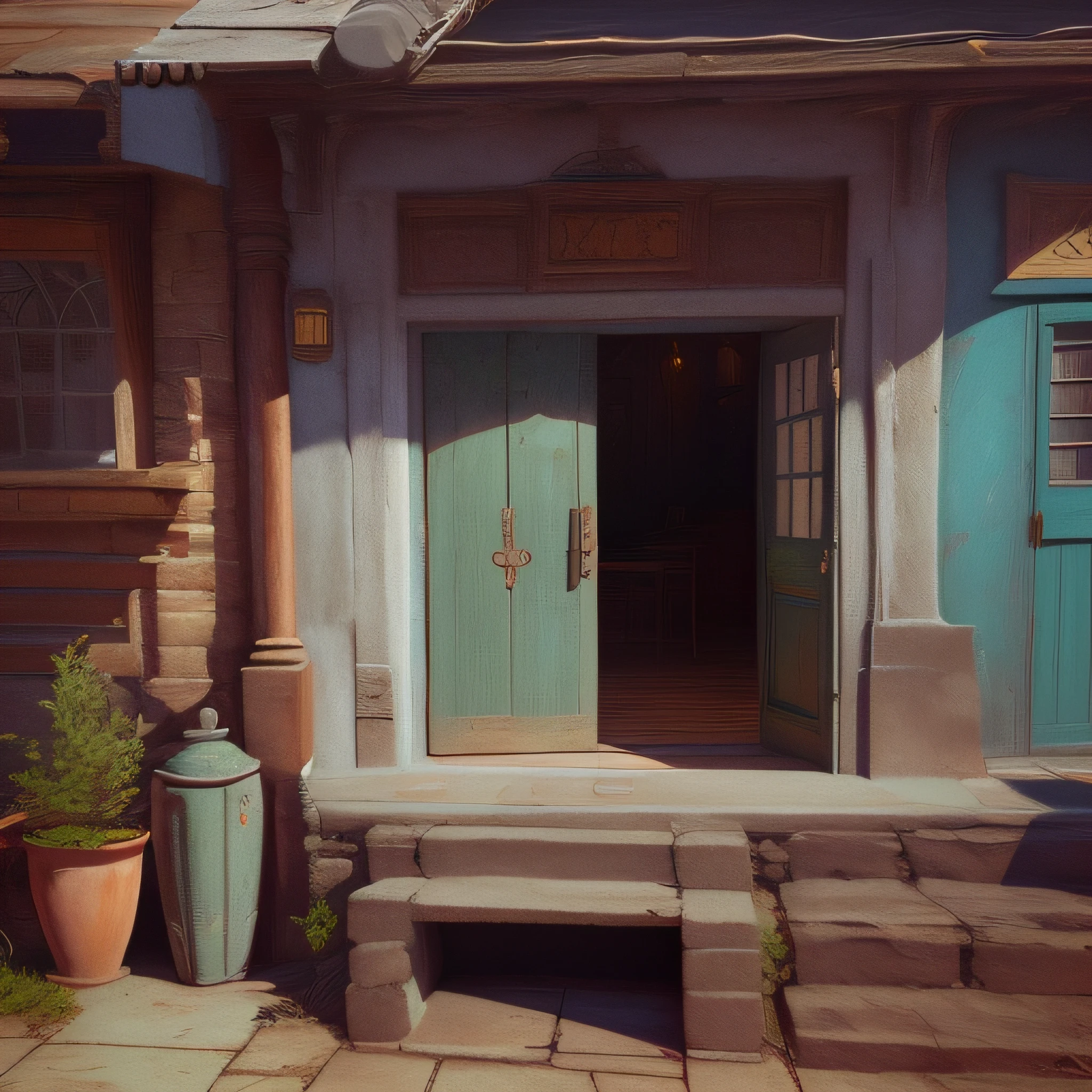 there is a doorway to a building with a pot on the steps, old shops, turn this into a concept art with realistic lighting , more lighting and also inside the door there should be more lighting more realistic the texture 4k quality