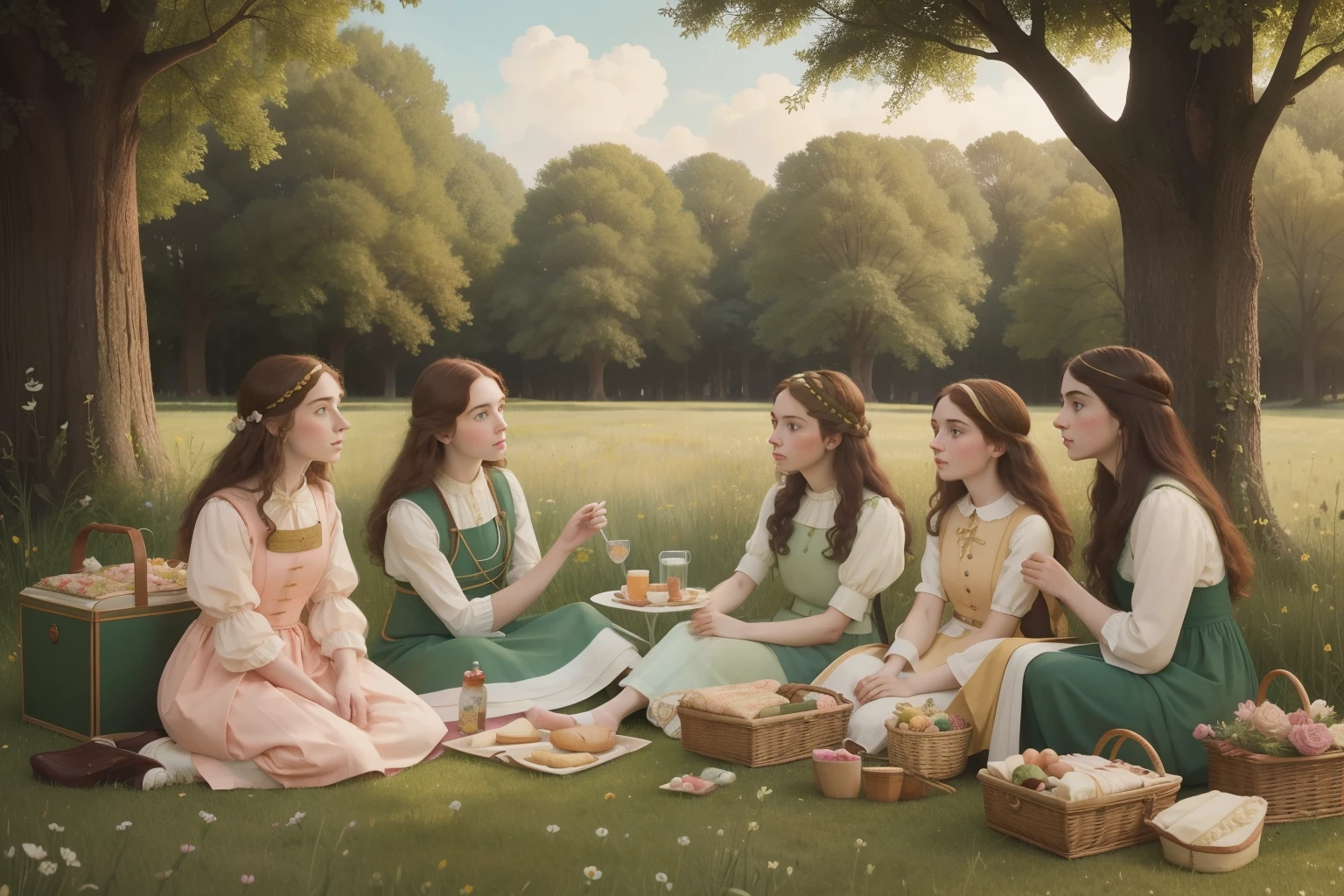 Combine the Pre-Raphaelite love for symbolism with Wes Anderson's meticulous storytelling: a group of friends of varying ages, dressed in pastel ensembles, enjoying a surreal picnic on a sunlit patch of meadow in the middle of a bustling city.