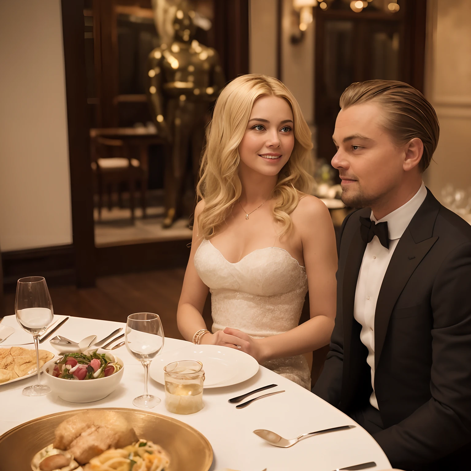 Blonde Hair, green-eyed, wheat-skinned, slim but full body, oval-faced, heart-lipped, small and flat-nosed, curved eyebrows, round and wide hips, 1 smiling girl; (wearing a suitable outfit for a dinner with Leonardo Dicaprio), sitting at a table with Leonardo Dicaprio, who is wearing a black suit and sunglasses, in a fancy restaurant, looking happy and excited; super realistic , ((Best Quality, 8k, Masterpiece)); ((Foto RAW)); (large and erect cheast), (detailed, expressive); she are meeting with Leonardo Dicaprio;