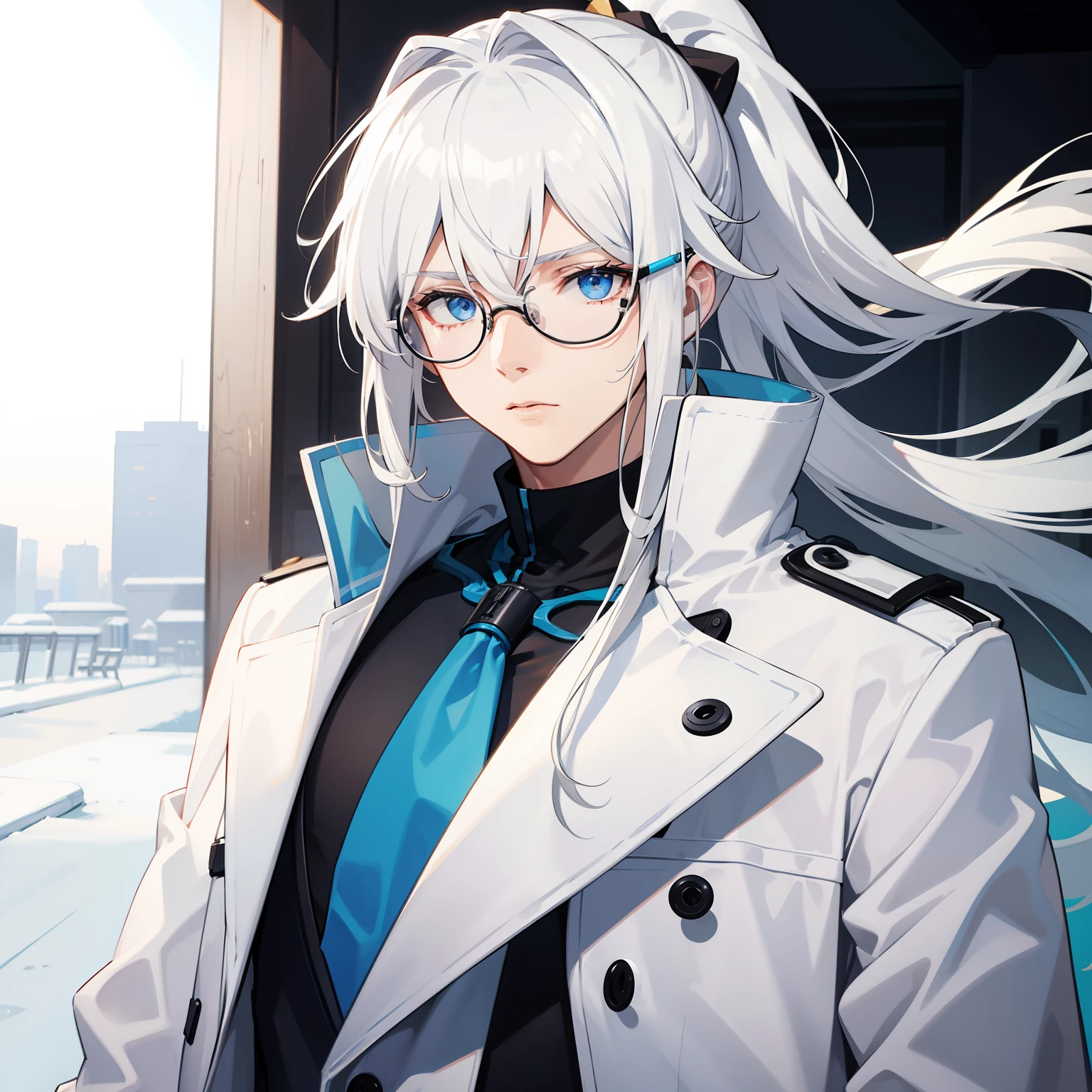 Male, white hair, man, blue eyes, coat, t-shirt,  long hair, ponytail hair, glasses, (solo)