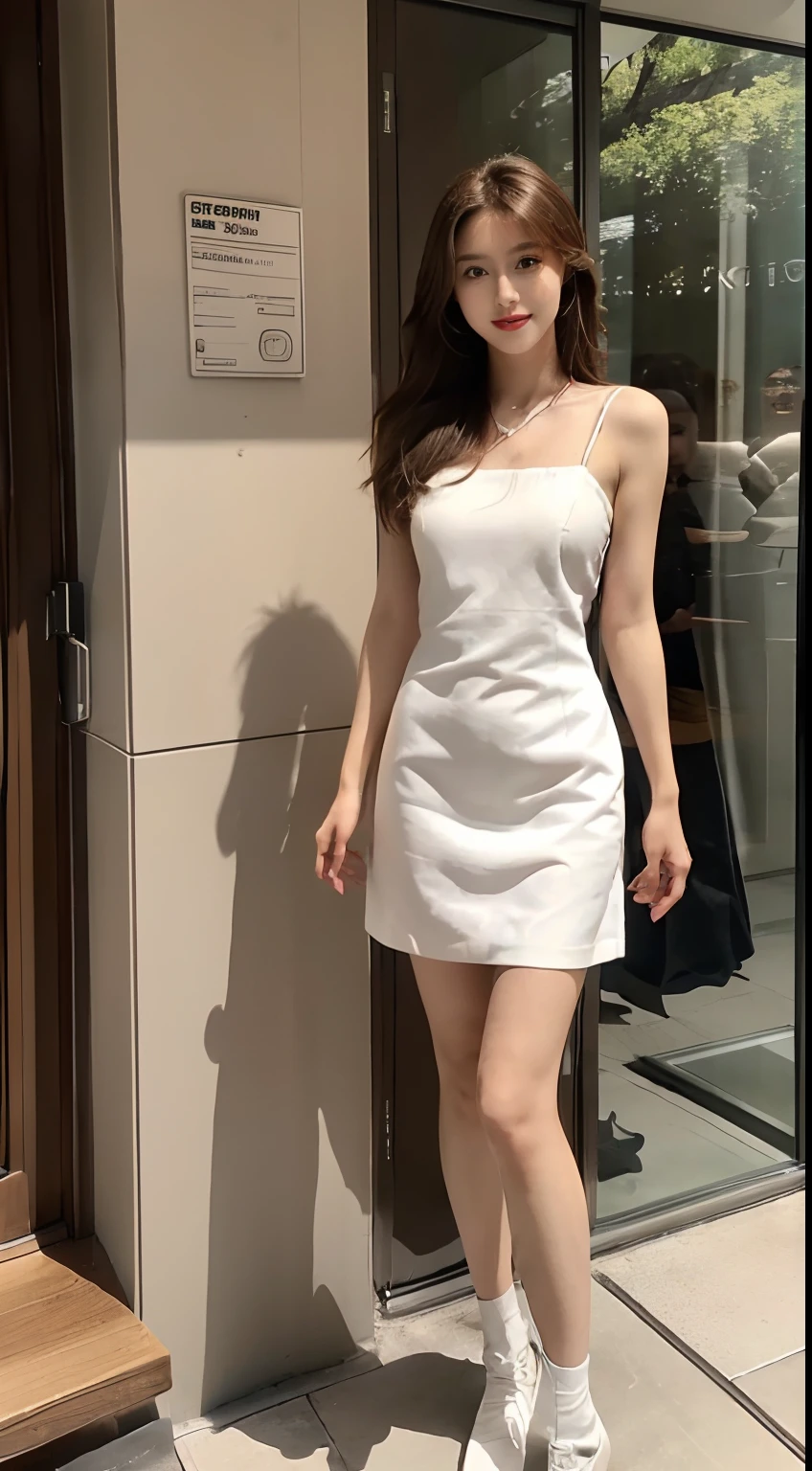 ((Best picture quality, 8K, tmasterpiece: 1.3)), self-shot, Sharp focus: 1.2, A cute beauty with a perfect figure: 1.4, Slim big breasts, ((Brown hair black)) , (white dresses,Highly detailed face,Happy expression,standing on your feet:1.2),((A city with blue skies and white clouds,At the cafe:1.3. Produced with a major focus on women)),Highly detailed facial and skin texture,Detailed eyes,二重まぶた