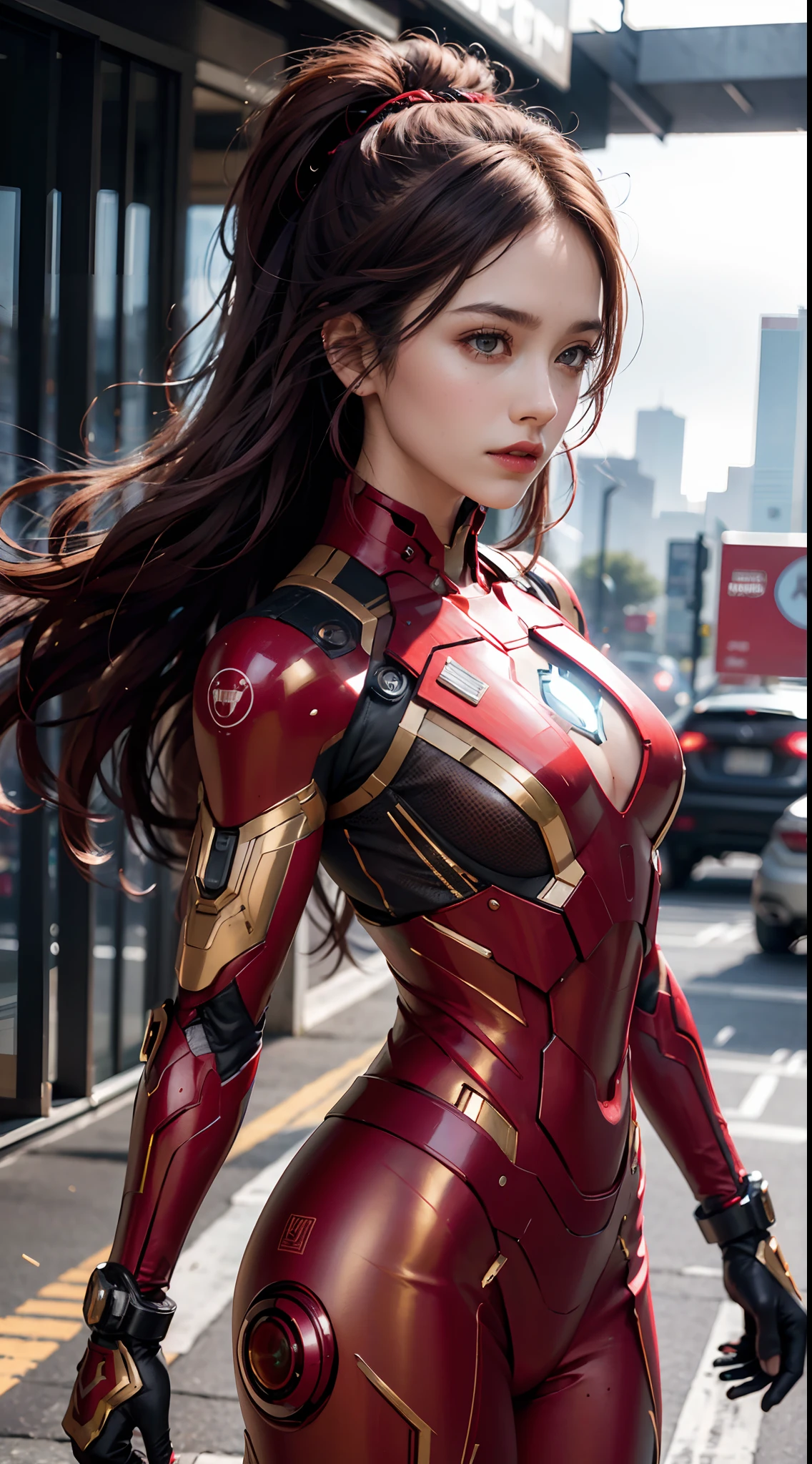 (1girl:1.3), solo, __body-parts__, official art, unified 8k wallpaper, super detailed, beautiful and aesthetic, beautiful, masterpiece, best quality, raw, masterpiece, super fine photo, best quality, super high resolution, photorealistic realism, sunlight, full body portrait, amazing beauty, dynamic pose, delicate face, vibrant eyes, (viewed from the side), she is wearing futuristic Iron Man mech, red and gold color scheme, very detailed abandoned warehouse background, Detailed face, detailed complex busy background, messy, gorgeous, milky white, highly detailed skin, realistic skin details, visible pores, sharp focus, volumetric fog, 8k uhd, DSLR camera, high quality, film grain, fair skin, photo realism, lomography, huge metropolis in future dystopia, seen from below, translucent, long hair, ponytail