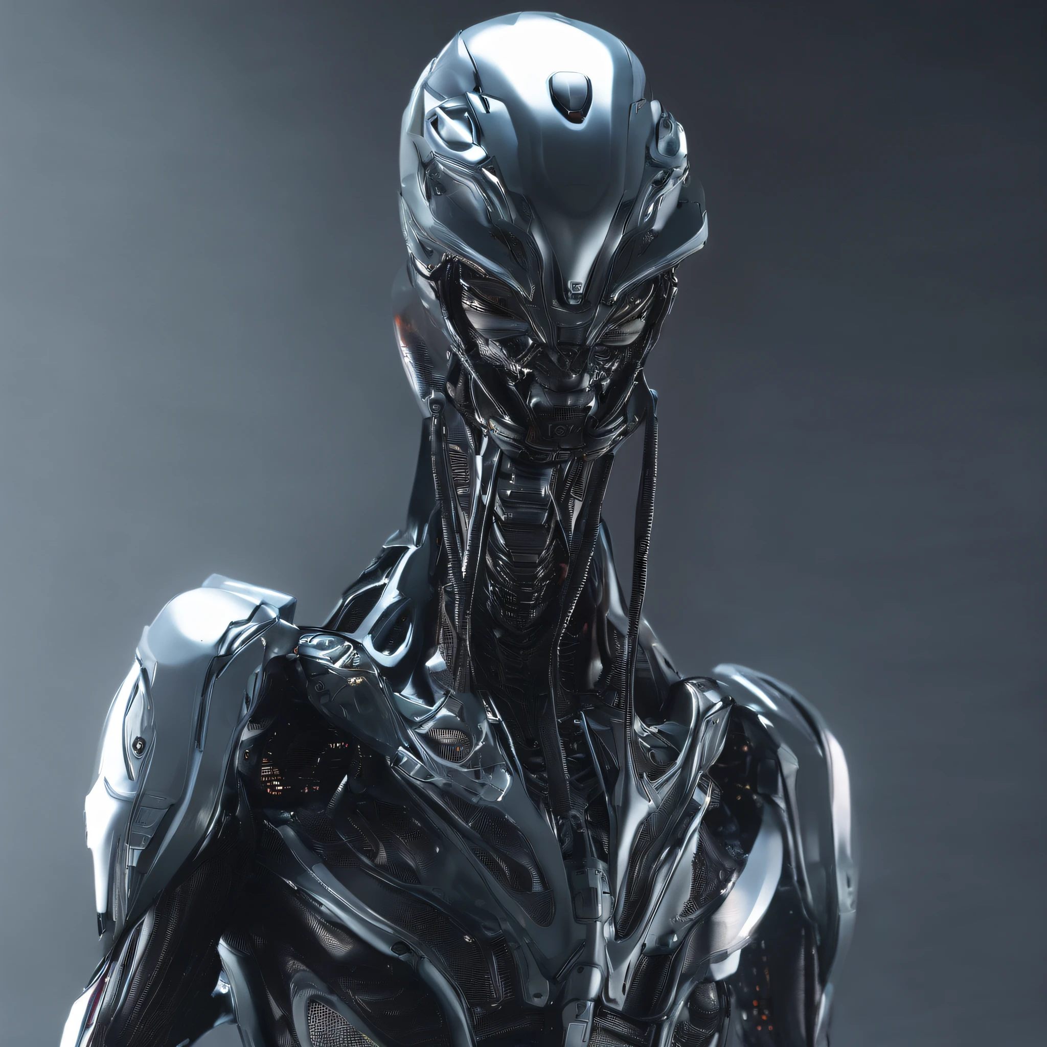 An alien,Humanoid,Mecha with zirconium dioxide ceramic surface,Hard surface properties,streamlined line design,It has refined features in a sci-fi environment, glowing from within, Sparks and lights, best qualtiy,tmasterpiece,Photorealsitic, Highly detailed, iintricate,unreal 5 render,