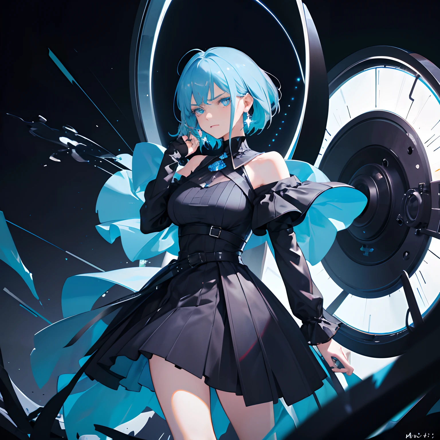 (Masterpiece, Best picture quality),,the night,starrysky,spray,One-sided earrings,Dark tones,1个Giant Breast Girl,shift dresses,(high resolution),Detailed pupil characterization,Meticulous facial portrayal,Correct number of fingers,head portrait,blue short hair,blue color eyes,angry look