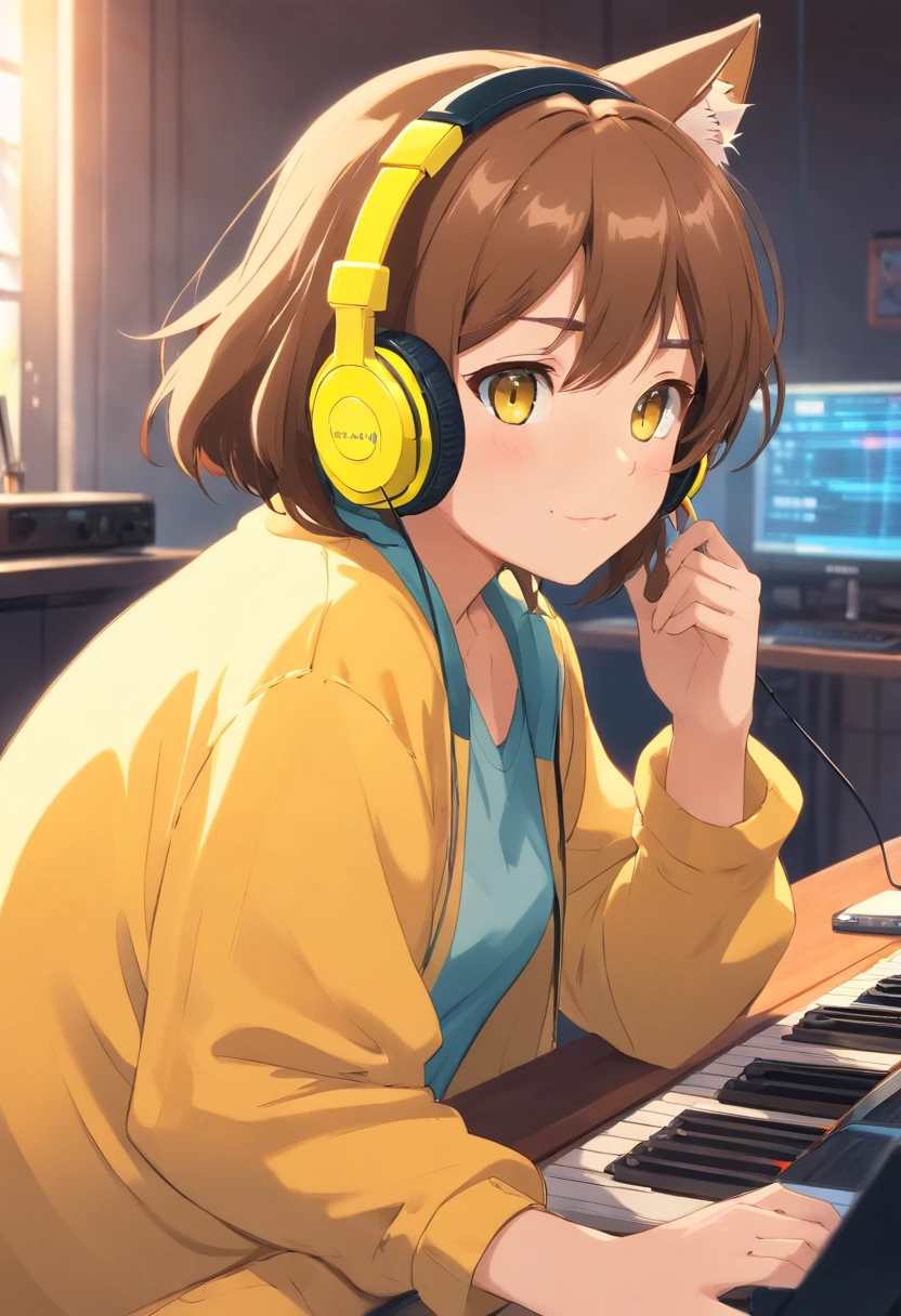 Masterpiece yellow big cat wearing headphones, fatness