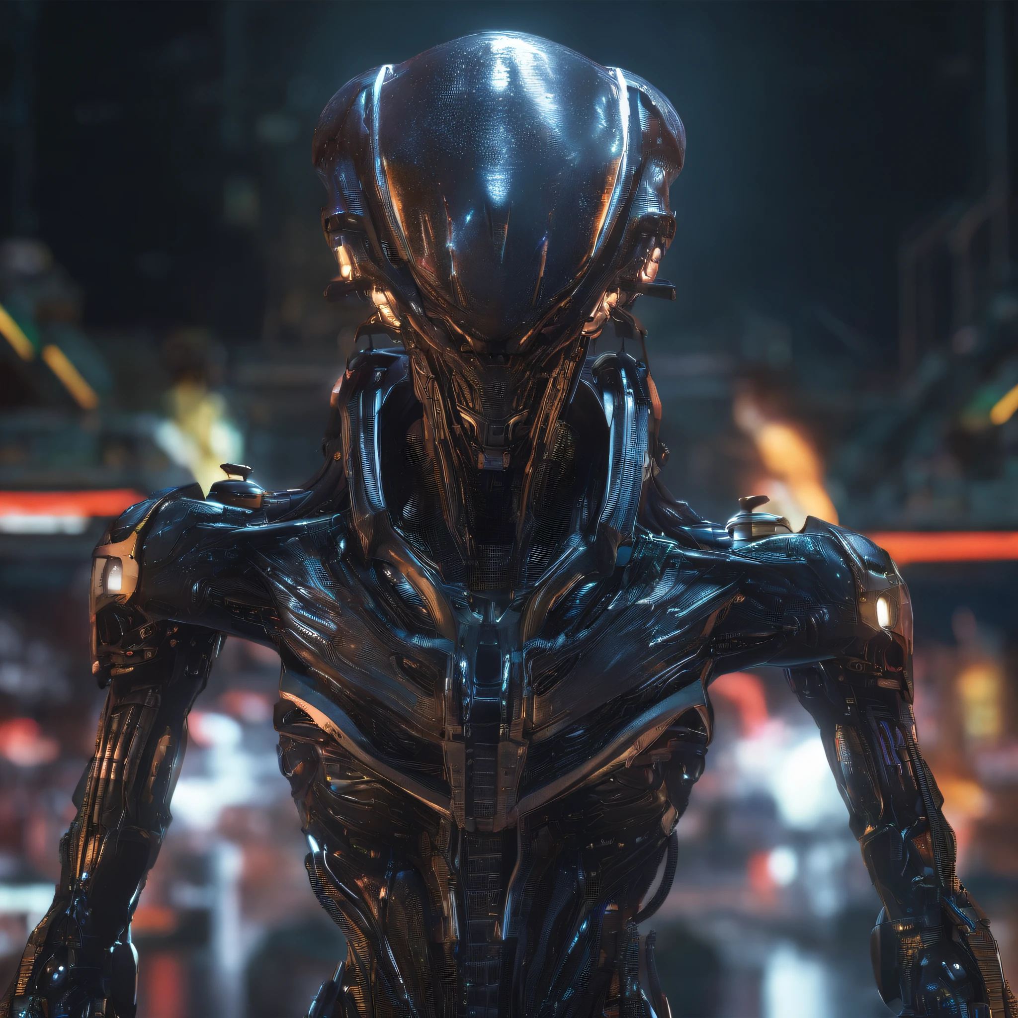 An alien，Humanoid，Mecha with zirconium dioxide ceramic surface，Hard surface properties，streamlined line design，It has refined features in a sci-fi environment, glowing from within, Sparks and lights, best qualtiy，tmasterpiece，Photorealsitic, Highly detailed, iintricate，unreal 5 render，