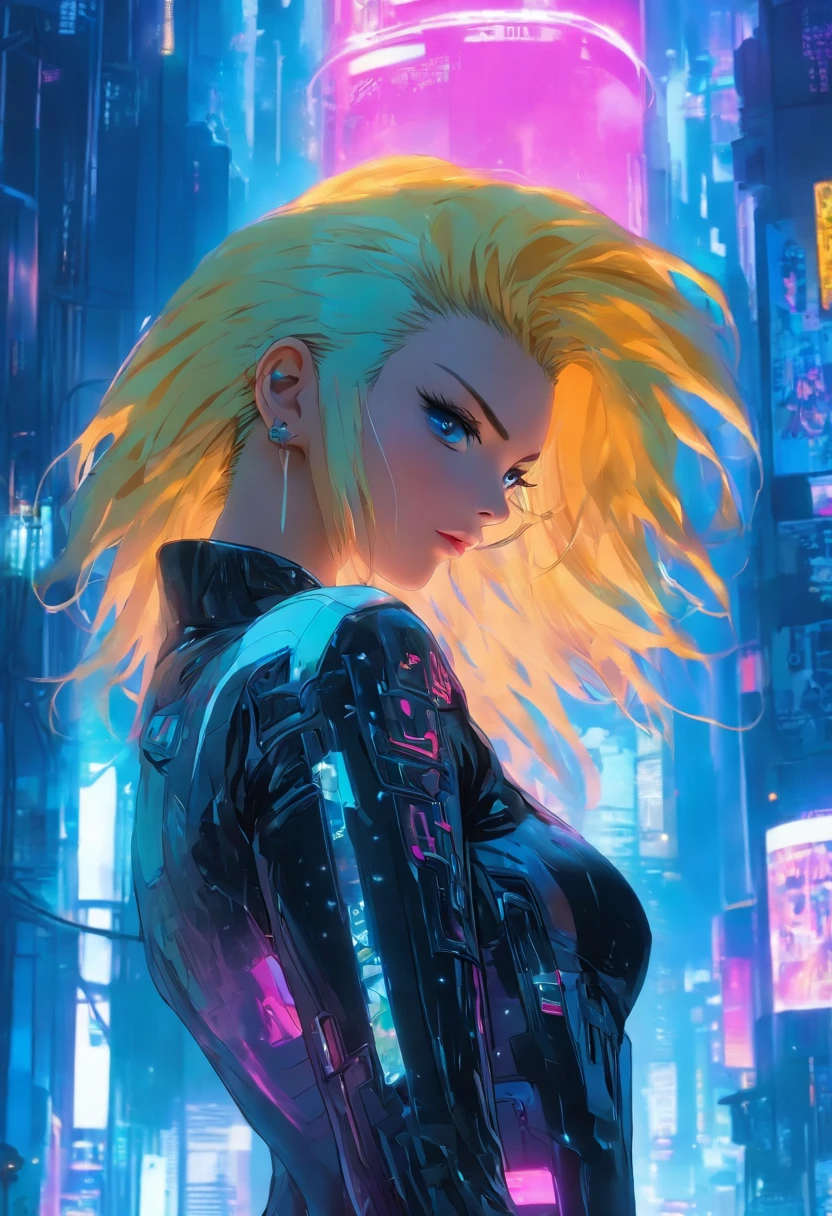 best qualtiy,tmasterpiece,超高分辨率,cyberpunk backgrouns,piercingeyes,1个Giant Breast Girl,blonde with blue eyes,looking at viewert,long whitr hair,Light makeup,cparted lips,Translucent leather clothing,Translucent thong,Get wet,Perfect beauty,Bare back,Stand sideways,Gantz animated leather jacket