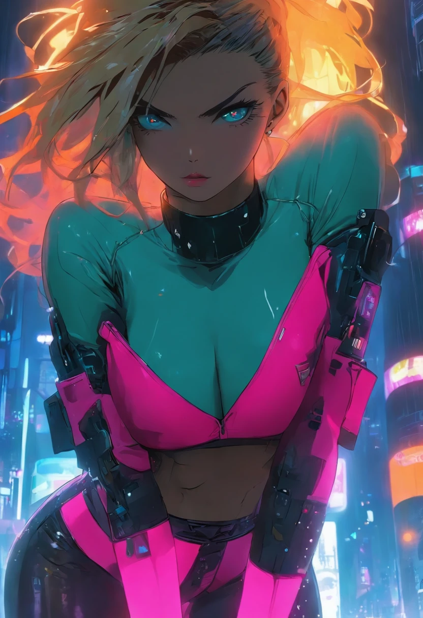 best qualtiy，tmasterpiece，超高分辨率，cyberpunk backgrouns，piercingeyes，1个Giant Breast Girl，blonde with blue eyes，looking at viewert，long whitr hair，Light makeup，cparted lips，Translucent leather clothing，Translucent thong，Get wet，Perfect beauty，Bare back，Stand sideways，Gantz animated leather jacket