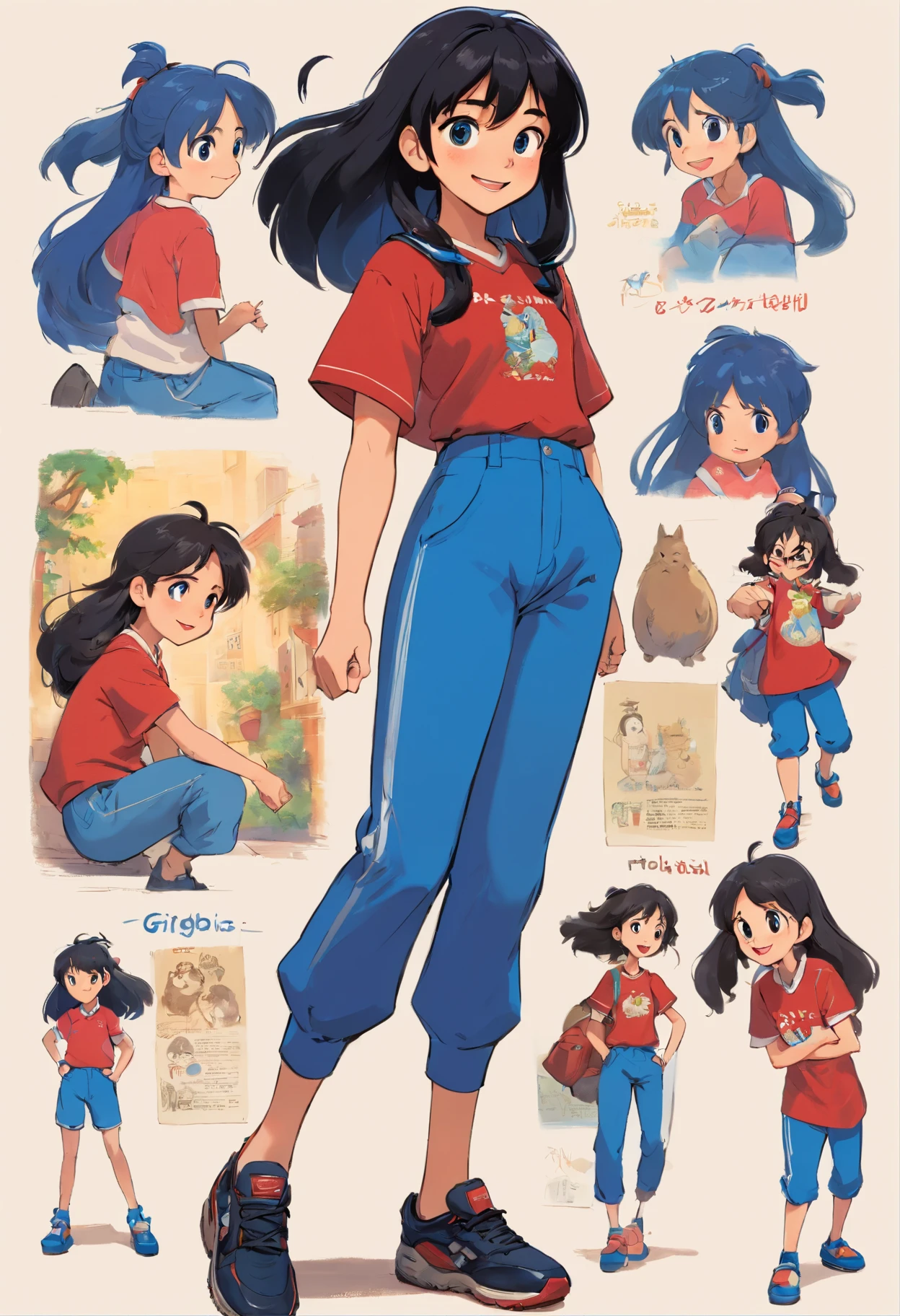 girl latina, black long hair, 18 years, blues eyes, style pixar, multiples expression and poses, character sheet, in blue pants, black shoes, red sports shirt, character  dynamic, pose, full body,laughing face, character design sheet