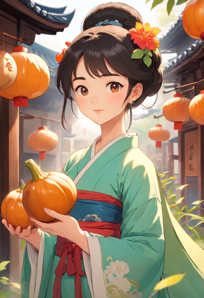 8k,tmasterpiece,high qulity,girl,Black hair and black eyes,oil painted,Q version style,Green long sleeves,Chinese children's clothing,Picnic under the trees,Eat persimmons