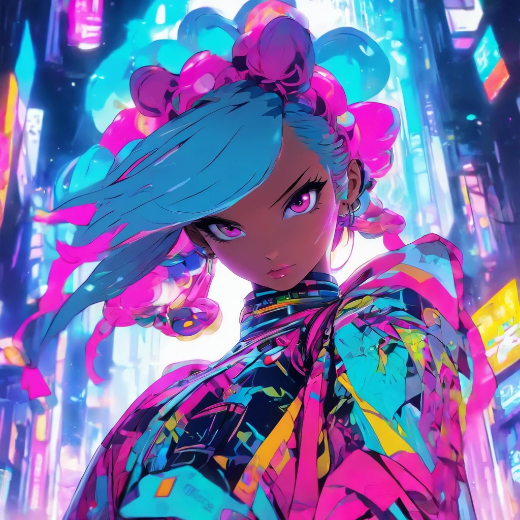 Harajuku woman, futuristic attire, dynamic pose