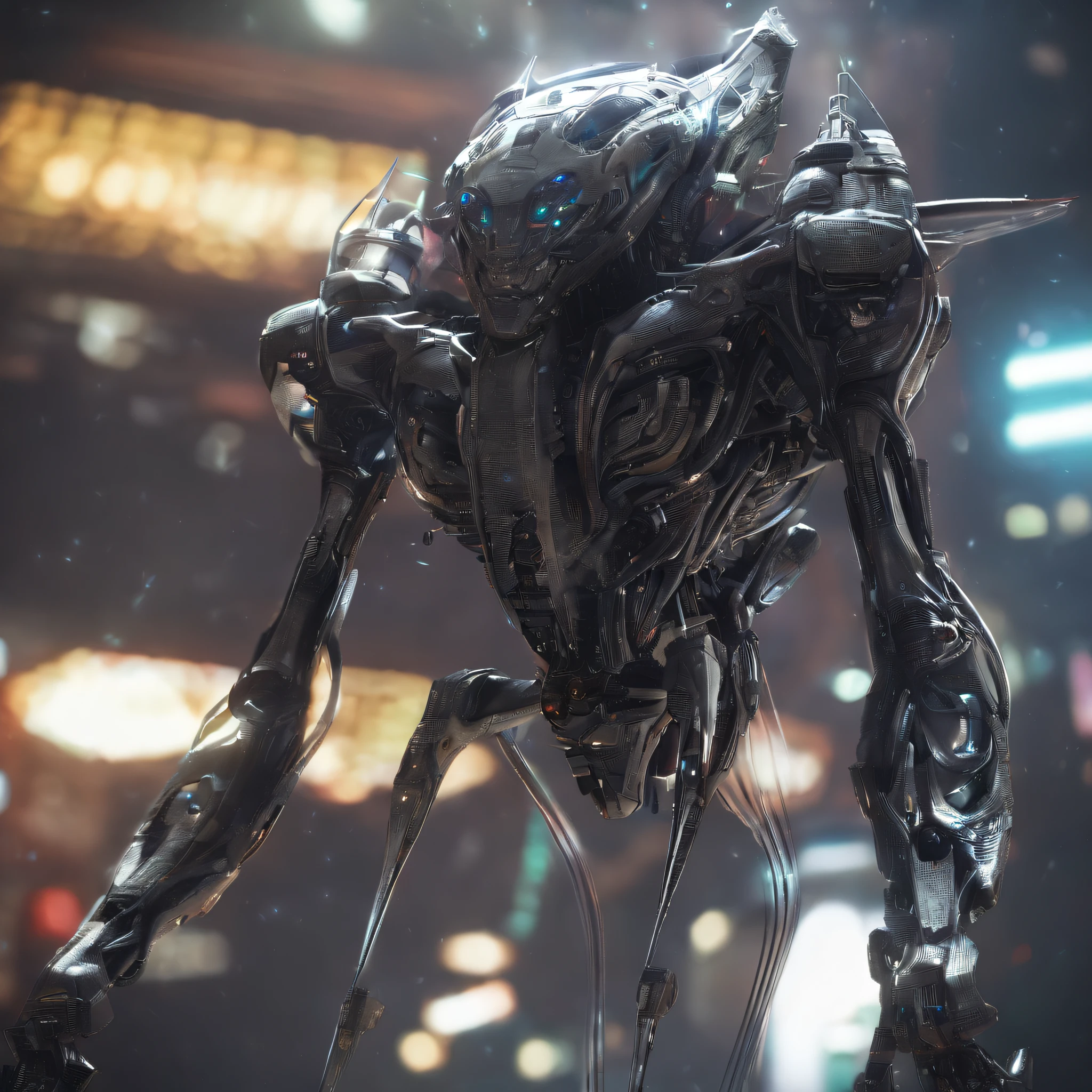 An alien，Humanoid，Mecha with zirconium dioxide ceramic surface，Hard surface properties，streamlined line design，It has refined features in a sci-fi environment, glowing from within, Sparks and lights, best qualtiy，tmasterpiece，Photorealsitic, Highly detailed, iintricate，unreal 5 render，