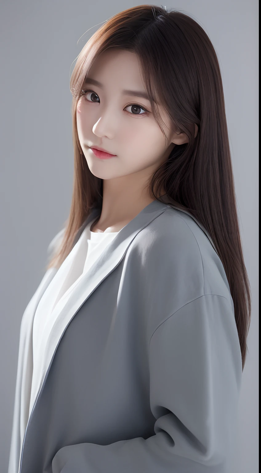 ((Realistic lighting、top-quality、8K、masterpiece:1.3))、Clear focus:1.2、1girl in、flawless beauty:1.4、、Neat and clean clothing、One-piece clothes、Superfine Face、Narrow-eyed、二重まぶた、lighting like a movie、photos realistic、28 year old、Face like a K-pop idol、white backgrounid、Gray background、Mature Woman、Classy makeup、Angle of pull、length hair、Longhaire、Long hair、Straight hair、Korea person、Rolled hair